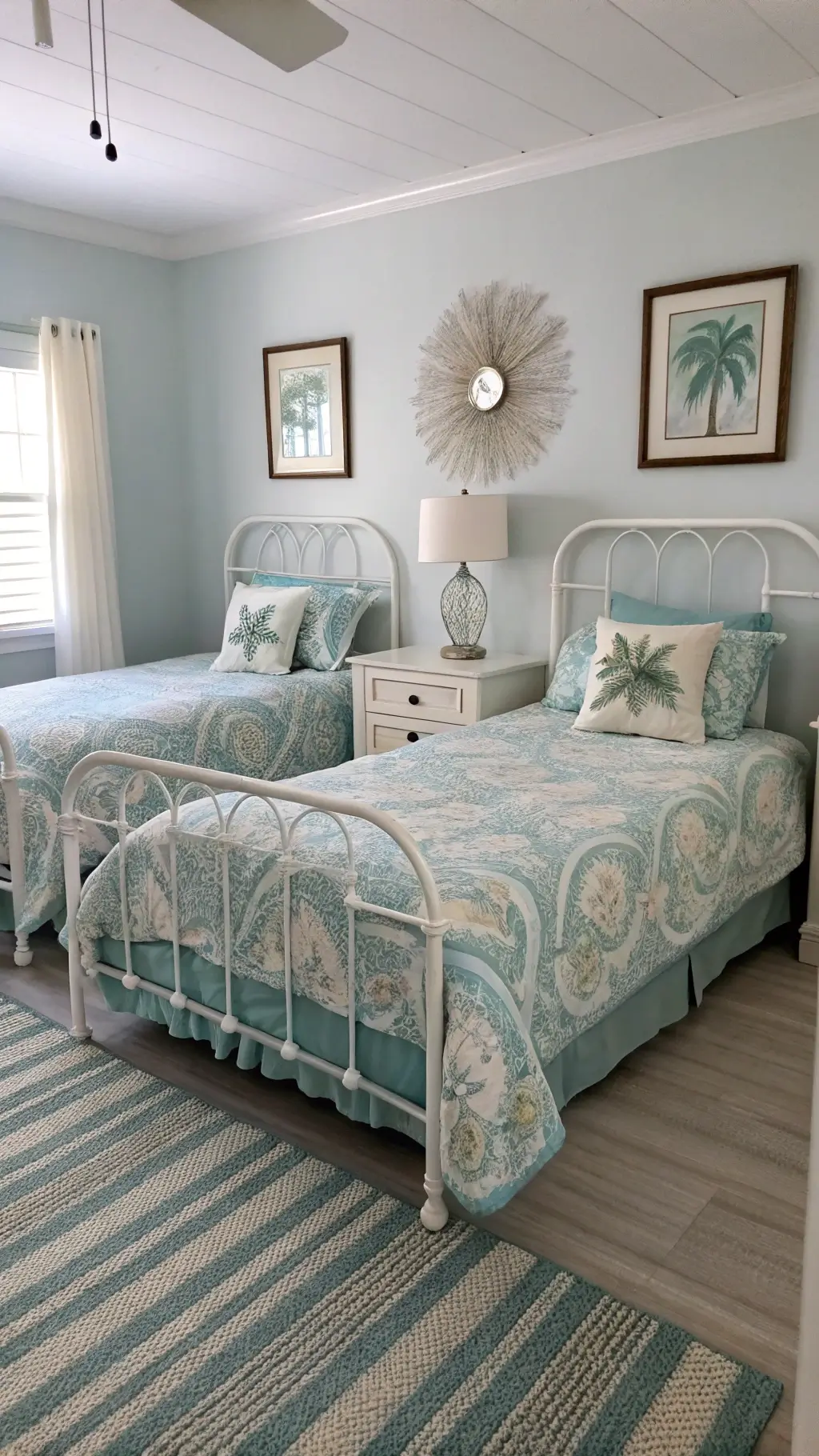 Bright and welcoming guest bedroom with twin beds, aqua paisley bedding, seagrass headboards, driftwood nightstand, glass lamp, striped dhurrie rug, shell-encrusted mirror, and botanical prints in weathered frames.