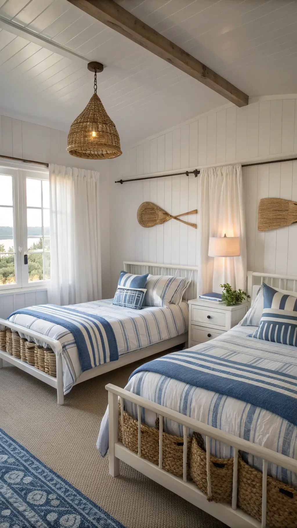 Dawn light illuminating a coastal-style guest bedroom with twin beds featuring whitewashed wooden frames and blue-striped bedding, rattan pendant lights, a vintage oar as wall art, and seagrass baskets under a white console.