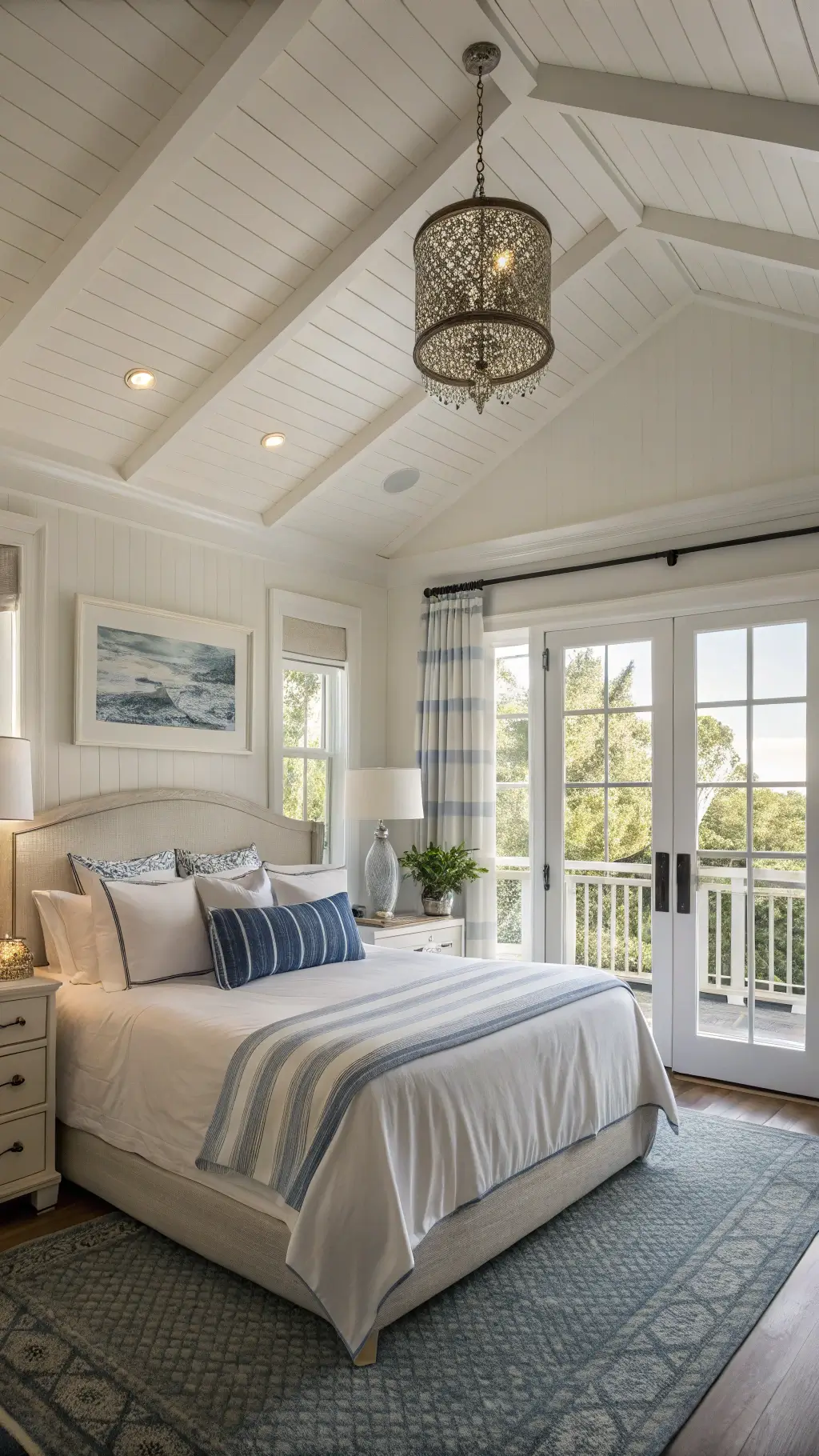 Early morning light filtering through sheer white drapes in a spacious 15x18ft master bedroom with tray ceiling, French doors, king bed with blue striped throws and batik pillows, white nightstands, and an oversized seagrass headboard.