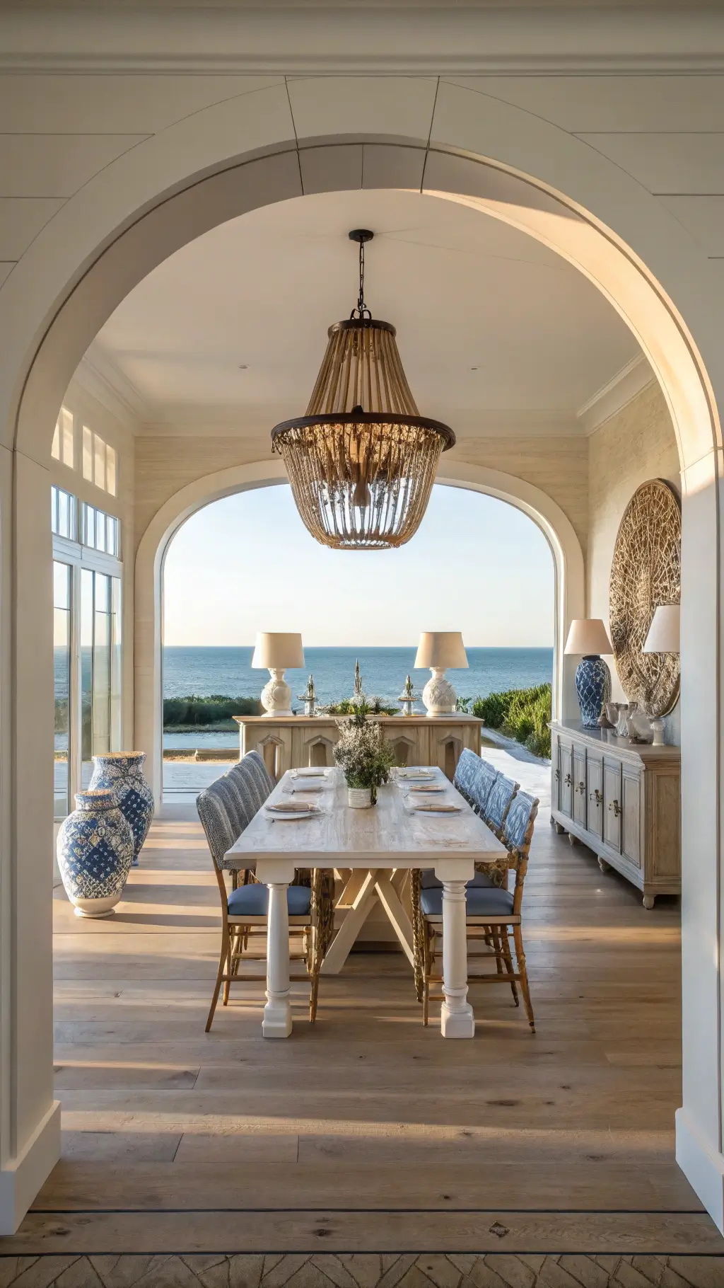 Coastal dining space with architectural archway, oak flooring, whitewashed trestle table, slip-covered chairs, rope chandelier, chinoiserie lamps and coral sculptures, with a framed beach photograph as a backdrop
