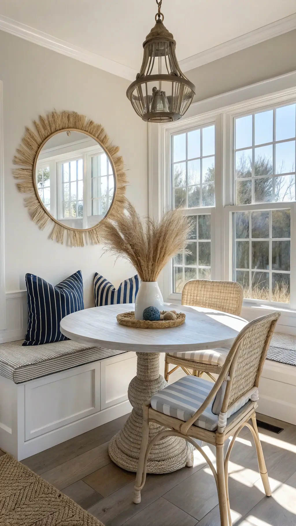 Cozy and light-filled breakfast nook with a weathered gray pedestal table, rattan chairs, shell-encrusted mirror, and window seat with striped cushions and beach-themed pillows, styled with a vase holding pampas grass.