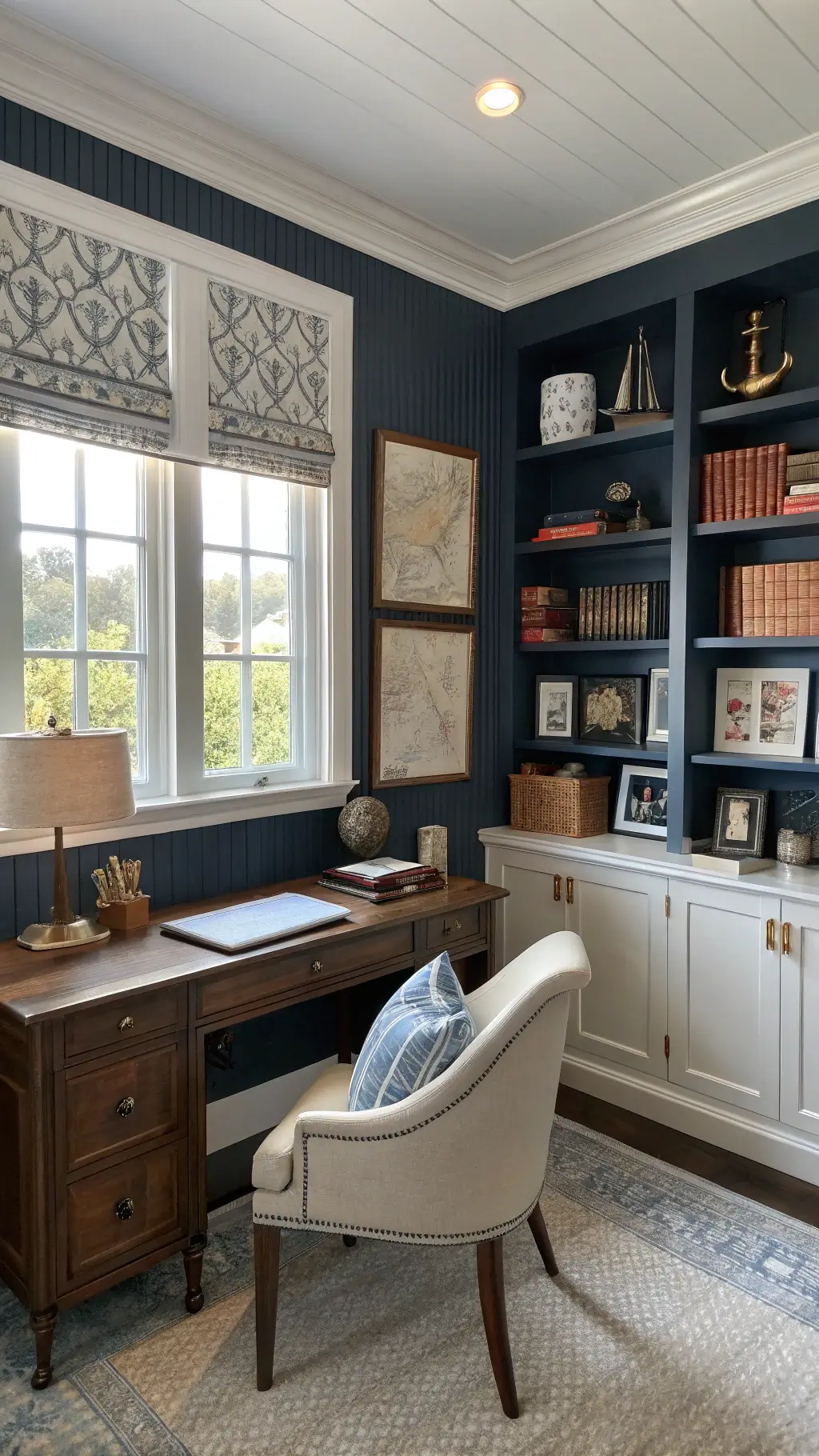 Sophisticated home office featuring navy grasscloth wallpaper, white panel molding, bleached oak desk with captain's chair, and floating shelves with nautical decor, illuminated by diffused afternoon light through plantation shutters.