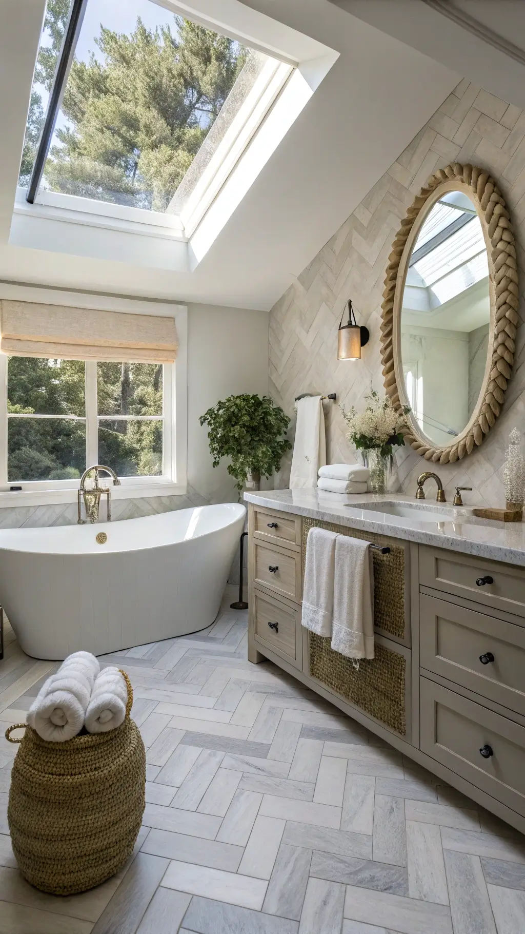 Spacious spa-like master bath with skylight, soaking tub, organic linen drapes, marble herringbone tiles, and soft gray double vanity, styled with white towels and glass canisters, shot with selective focus.