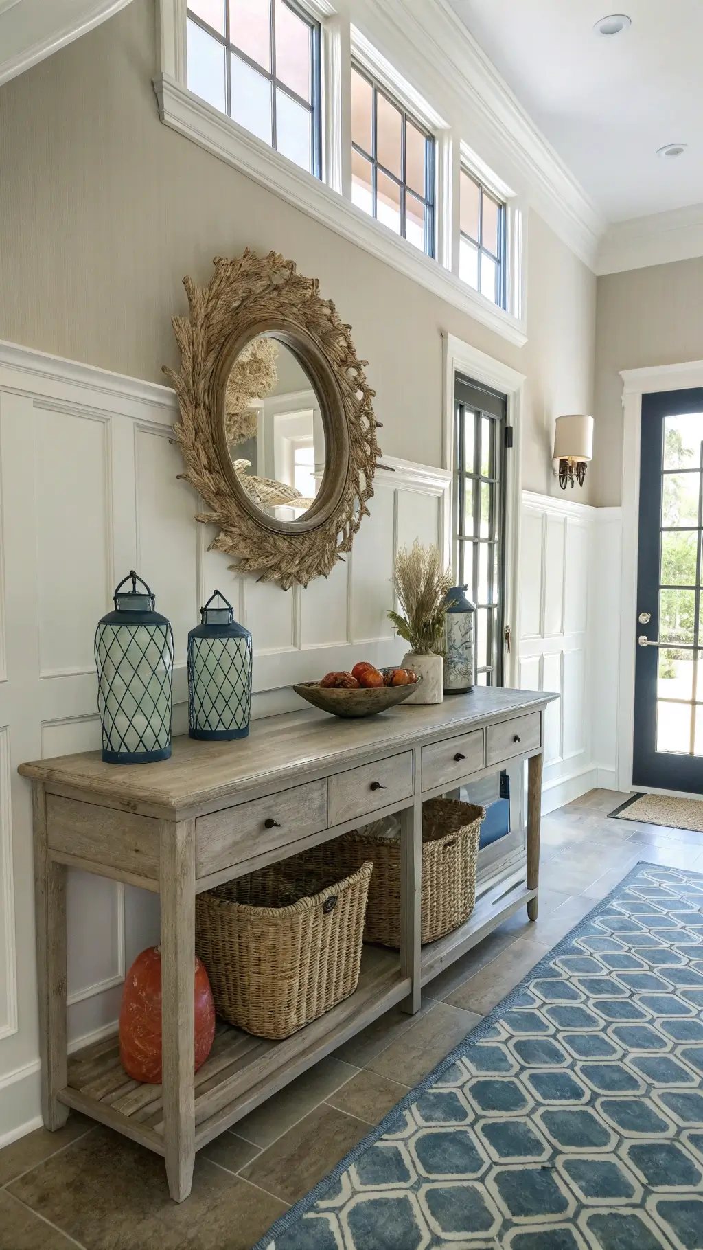Welcoming foyer decorated with wainscoting, a driftwood console table, ginger jars, and coral specimens, highlighted by natural light from a transom window, with an oversized seagrass mirror and vintage olive basket with throws.