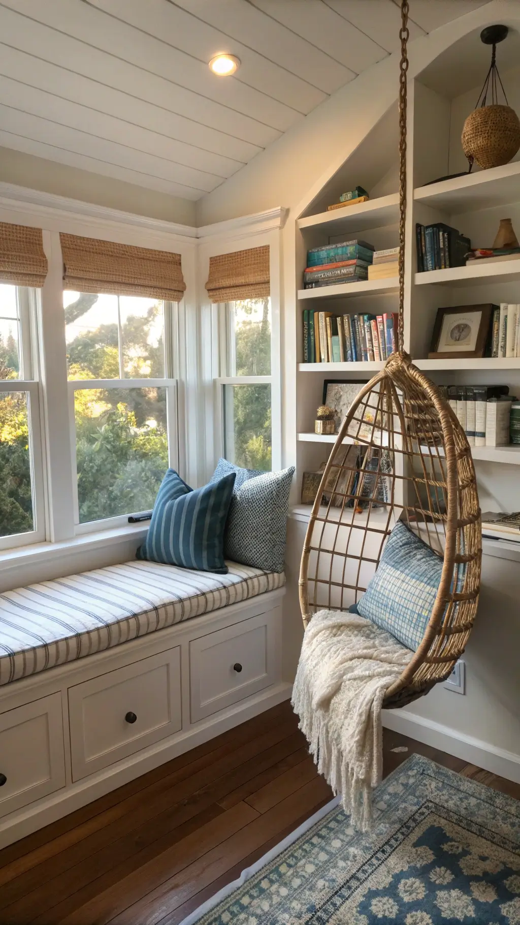 Cozy corner reading nook with striped cushions, textured pillows, rattan hanging chair with sheepskin throw, and floating shelves with vintage books and shell collections illuminated by late afternoon light