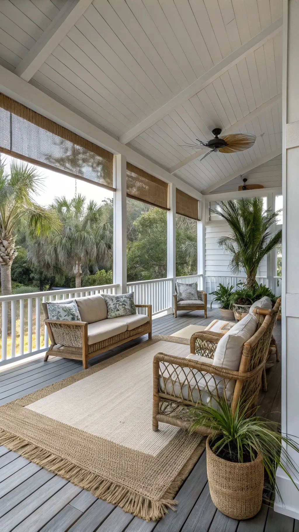 Breezy 16x20ft covered porch with beadboard ceiling, mixed seating with weathered teak sofa and woven rope chairs, layered rugs, potted palms and coastal grasses, shot wide from interior doorway in filtered morning light.