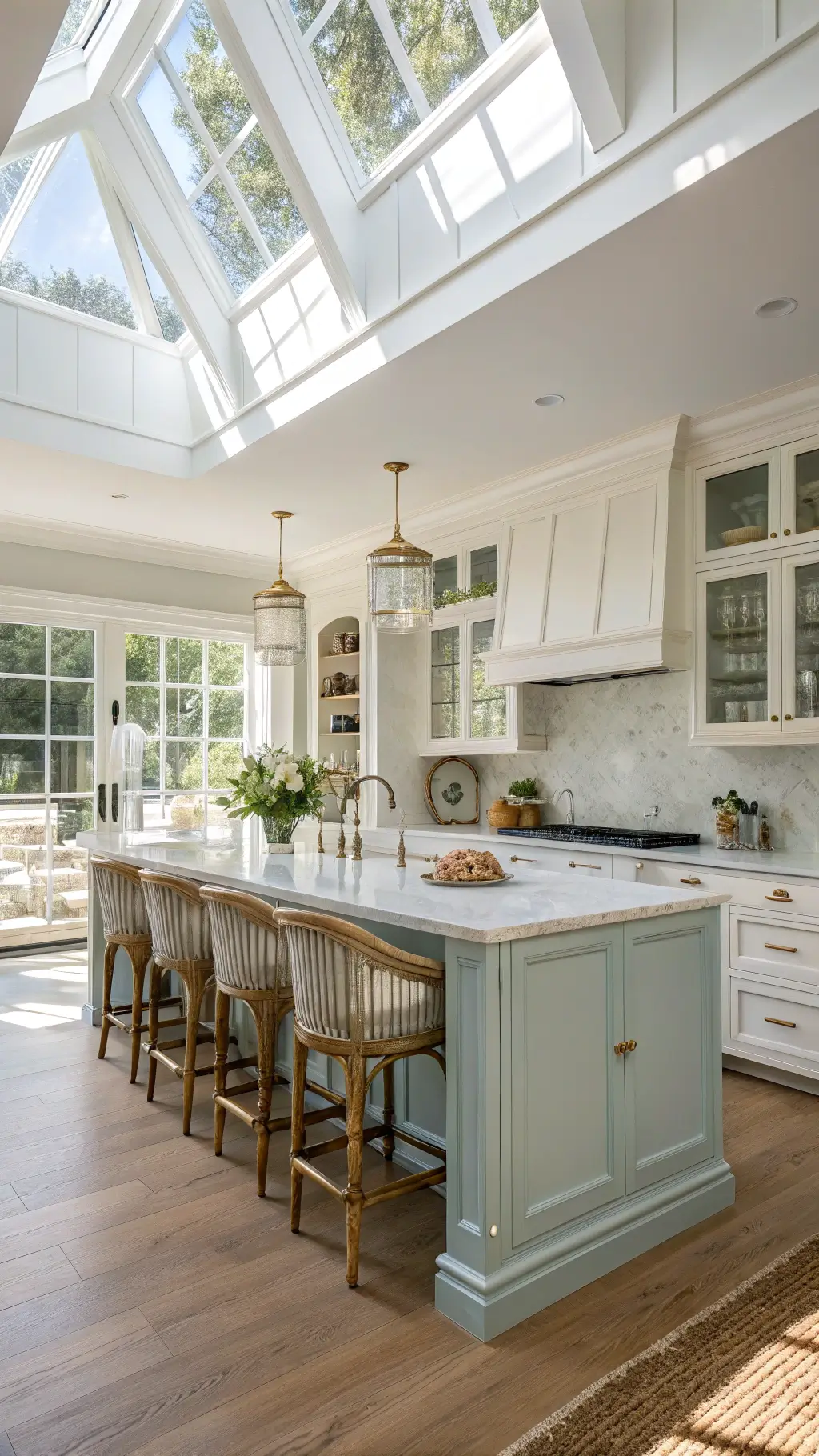 Spacious 18x20ft kitchen with white shaker cabinets, brass hardware, marble counters, and a pale blue island illuminated by bright midday light from skylights, furnished with rattan counter stools with striped cushions, and featuring open shelving displaying white ceramics and glass canisters.