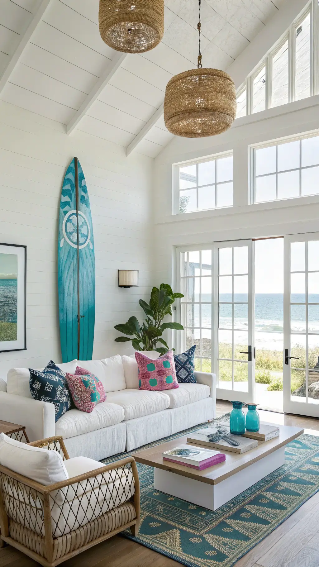 Bright, spacious living room with tall ceilings, ocean view windows, white linen sofa with colorful geometric pillows, turquoise surfboard wall art, rattan pendant lights, wicker chairs, and brass-glass table with blue and white ginger jars.