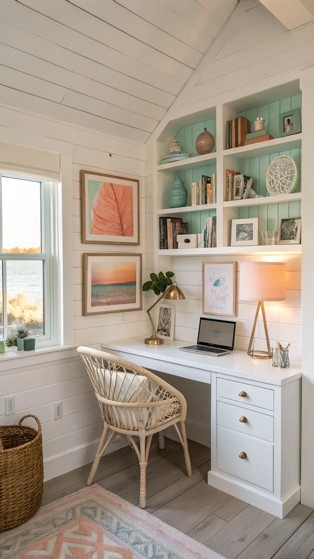 Stylish corner home office during golden hour with built-in bookshelves, rattan chair, lacquered desk, and abstract ocean artwork in mint green and blush pink hues