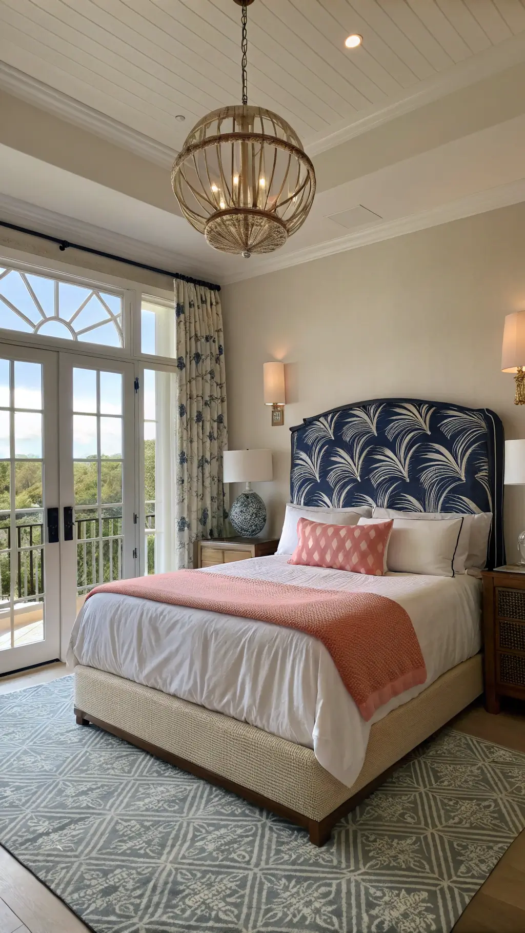 Dawn-lit master bedroom with king bed and navy palm print headboard, white linens and pink throw, mother-of-pearl inlay nightstands with glass lamps, and large round mirror reflecting morning light, viewed from above bed height.