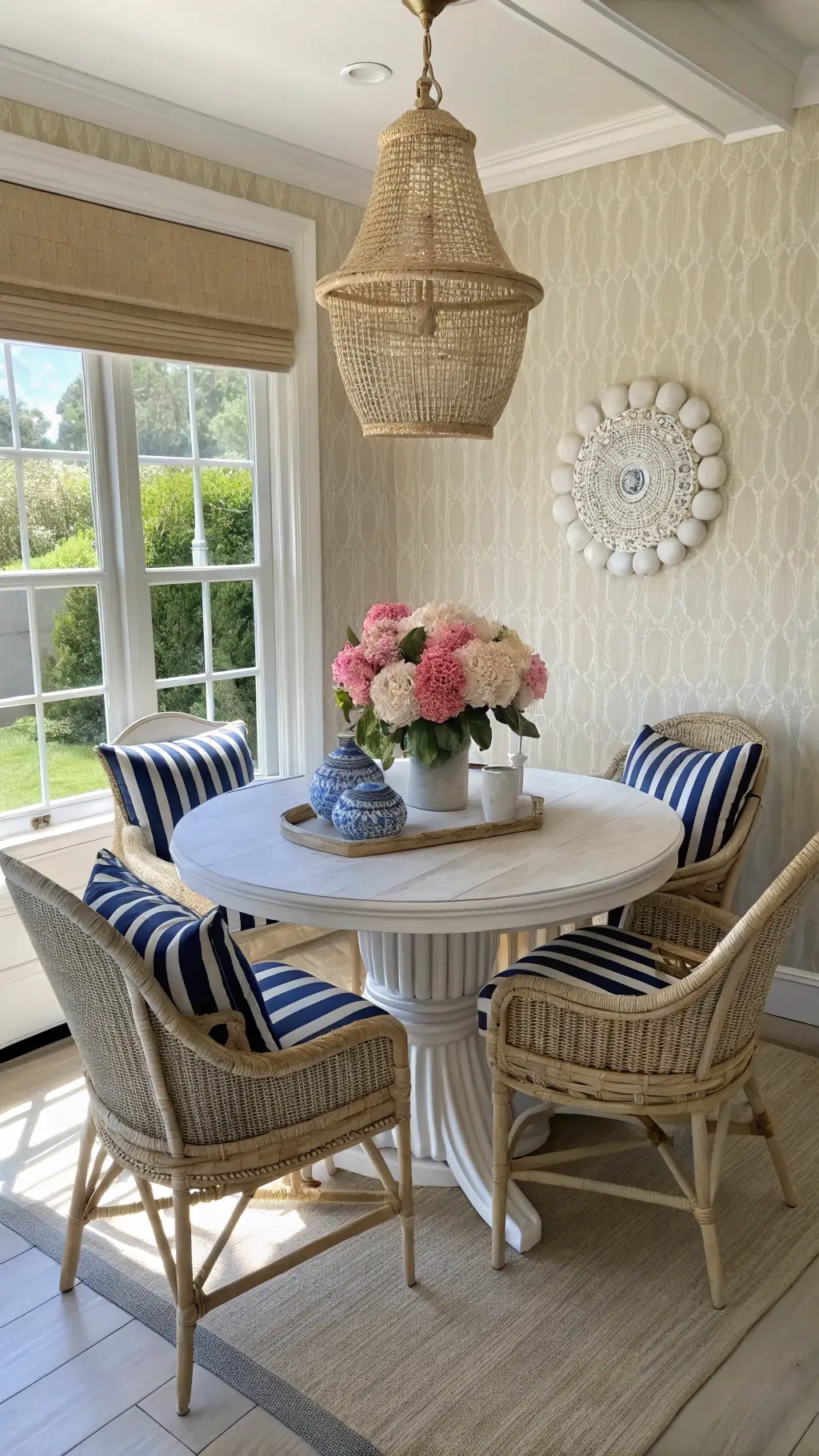 Midday view of an intimate dining nook with a round oak table, rattan chairs with navy and white cushions, a shell chandelier casting shadows on beige grass cloth wallpaper, and blue and white vases with pink peonies on the table, shot from a corner angle capturing the window light interaction.