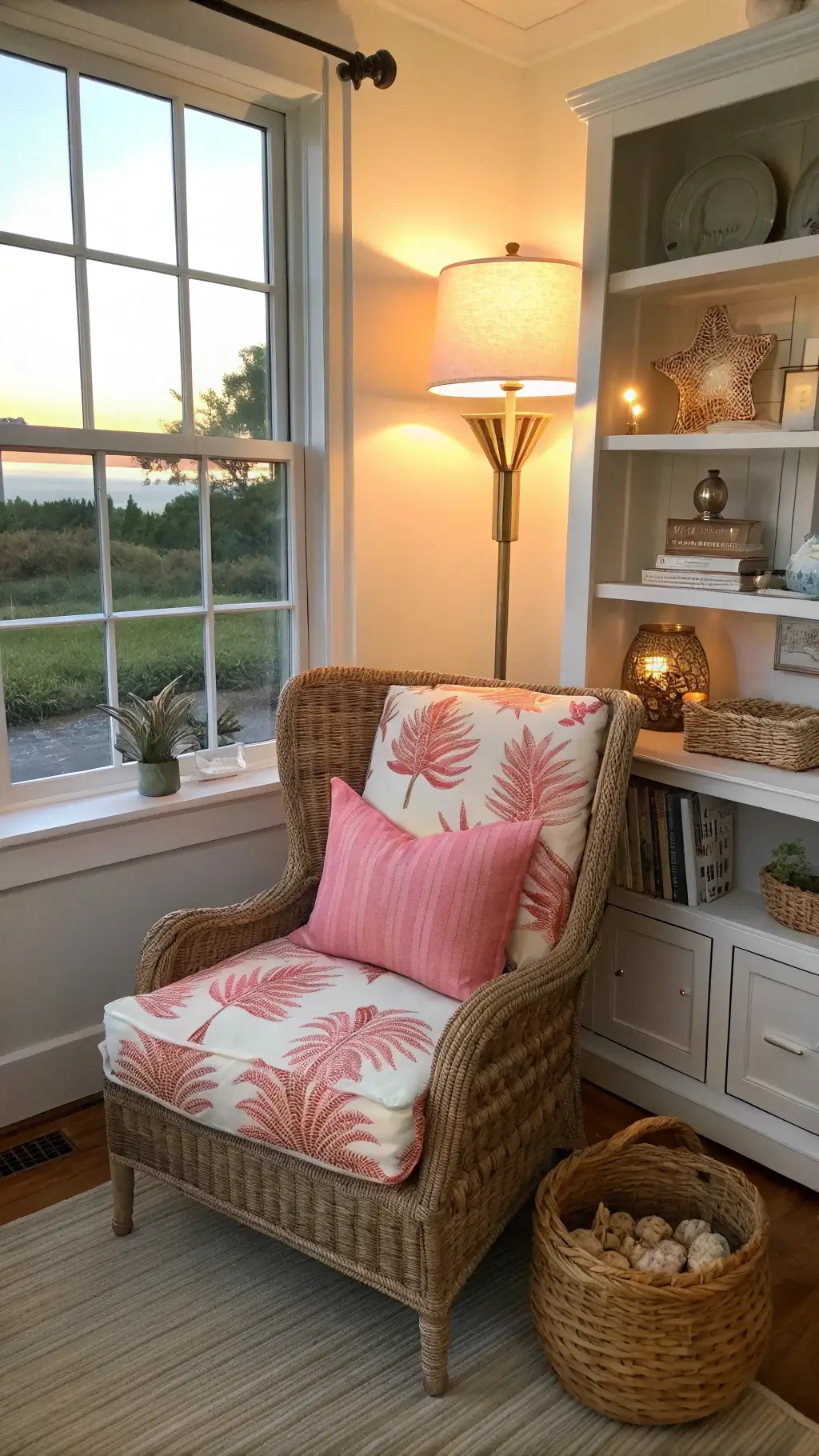 Cozy reading corner with wicker wingback chair, hot pink palm print cushions, brass lamp, floating shelves displaying shells and coral, and seagrass basket with coastal-themed throws during sunset