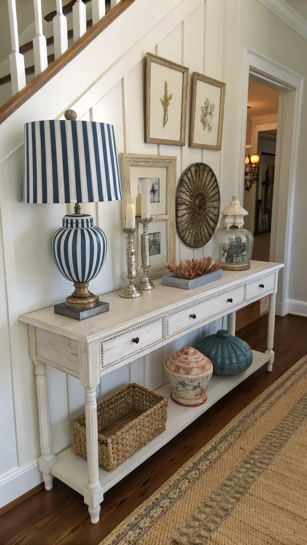Morning light illuminating a stylish entryway with a whitewashed console table featuring a blue and white striped lamp, coral specimens, and metallic accents, vintage paddle art hanging above, and a sisal runner leading into the room