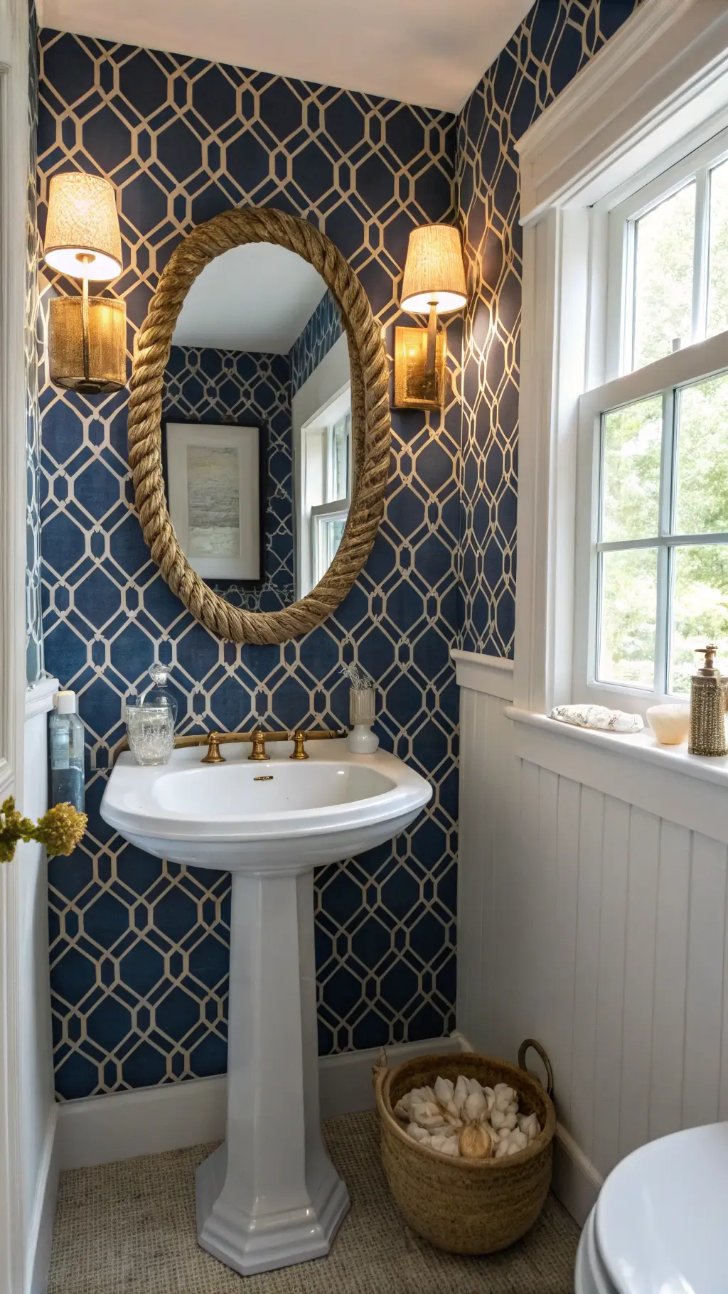 Navy and white geometric wallpapered powder room featuring a white pedestal sink with glass hurricane filled with shells, gold-framed round mirror, and delicate rope-detail sconces providing light.