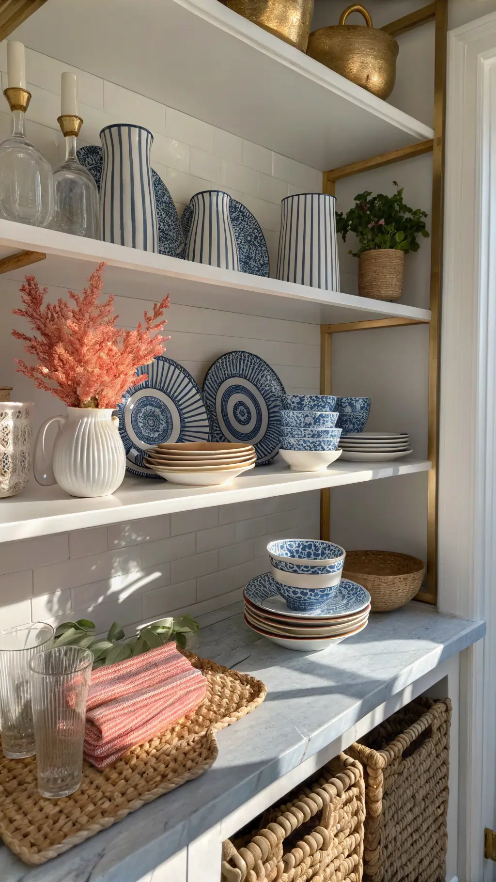 Blue and white striped ceramic collection on open kitchen shelves, with woven placemats, brass accents, and a pink coral specimen in bright daylight from skylight, captured in detail with a macro lens.