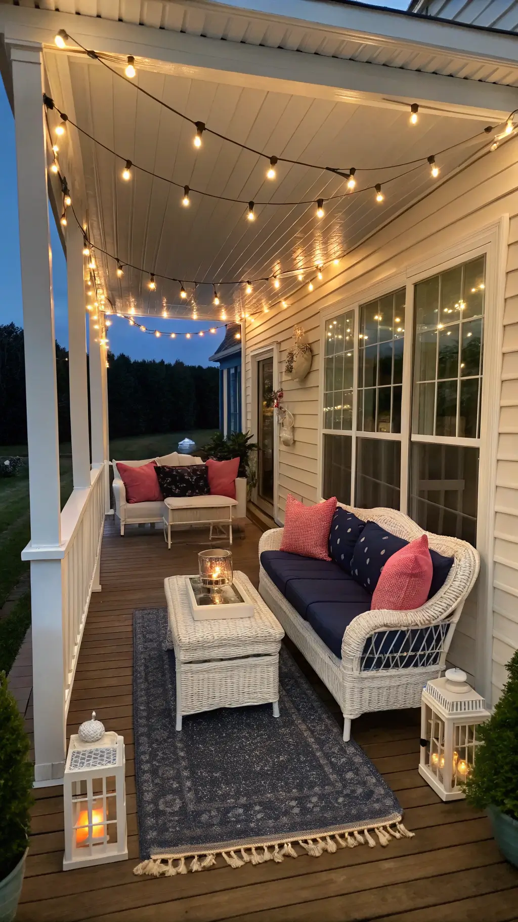 Outdoor covered porch with string lights, white wicker furniture with navy and pink cushions, and a styled coffee table with lanterns and shells, viewed at dusk through an open doorway.