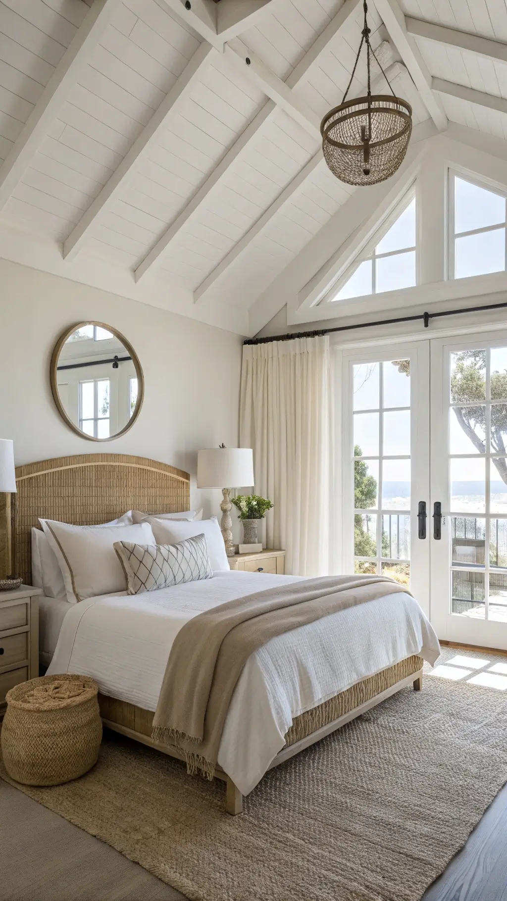 Spacious, serene coastal master bedroom with vaulted ceiling, French doors, gauzy white drapes, king-sized bed with crisp white linens and beige throws, matching rattan nightstands with ceramic lamps, an oversized round mirror reflecting morning light, captured in a wide angle shot from the doorway.