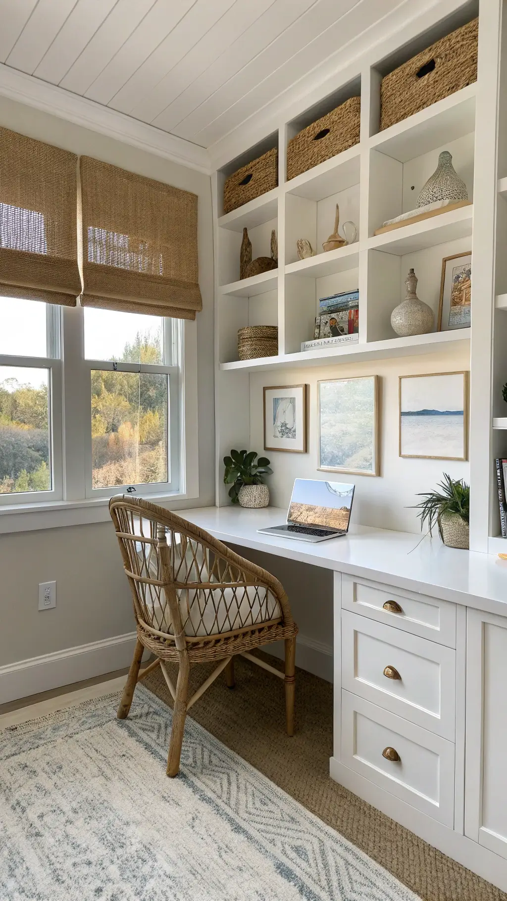 Cozy 10x12ft coastal office nook with built-in shelving, white desk with rattan chair, floating shelves adorned with coastal art and white ceramics, covered with natural fiber roman shades, and a textured jute rug captured at eye-level to emphasize desk arrangement and shelf styling.