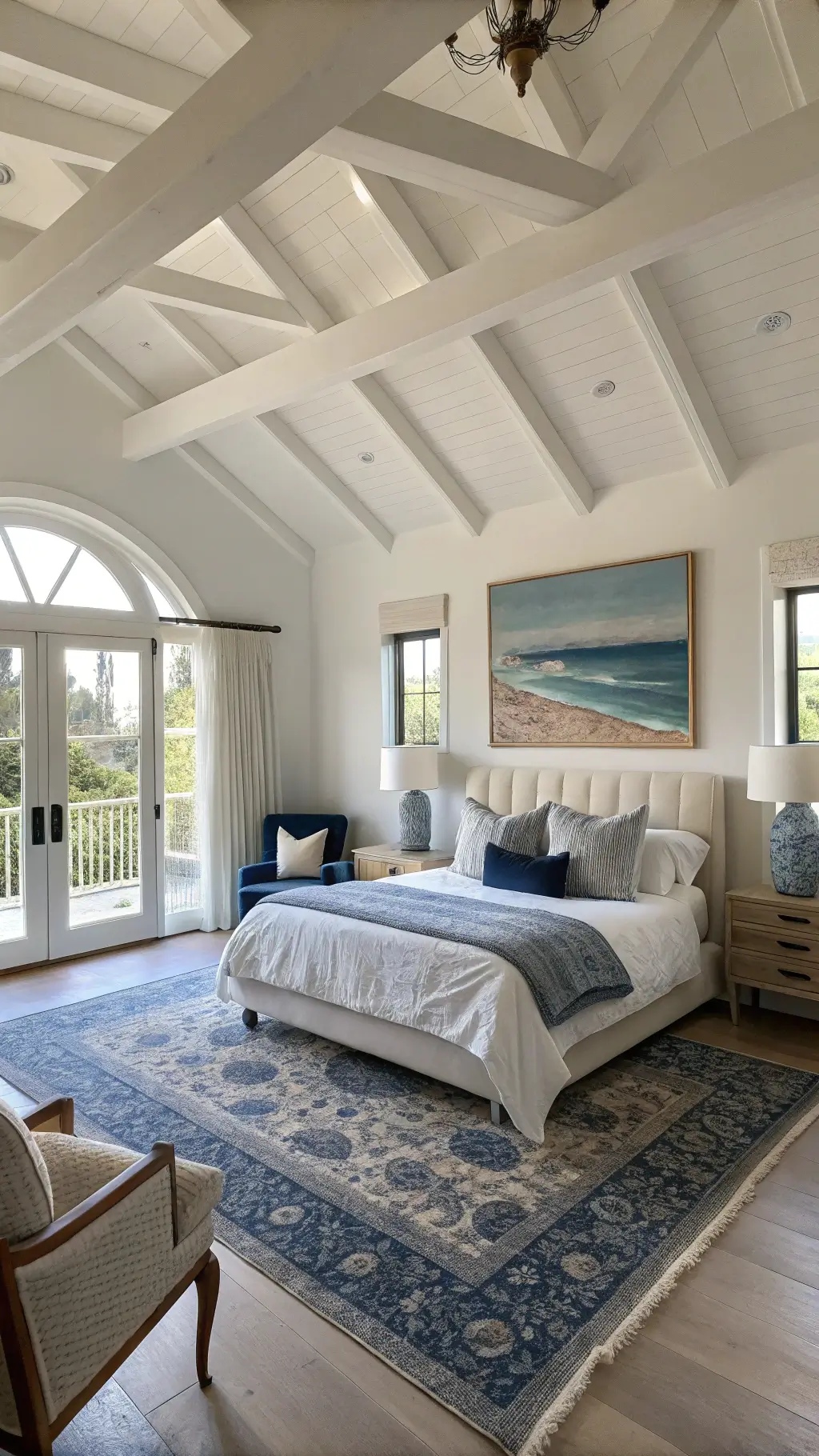 Master bedroom with double-height ceilings, white walls and arched windows letting in morning light. California king bed flanked by wooden nightstands and decorated with abstract art and vintage textiles. Room also includes a sitting area with slipcovered chairs and a driftwood coffee table. Featuring layered rugs and a shell chandelier.