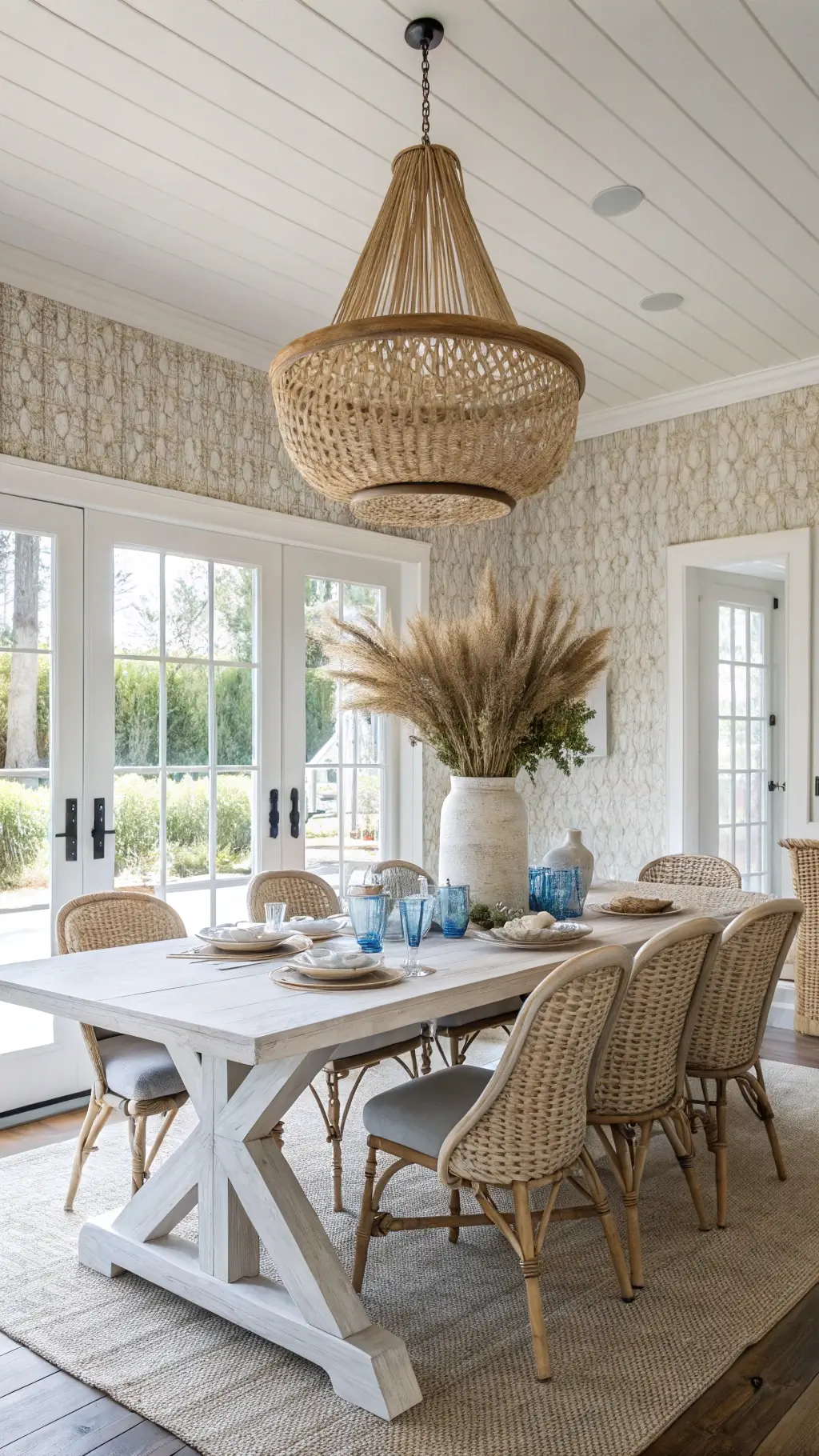 Midday shot of a spacious dining room with a whitewashed trestle table, rattan and upholstered chairs, large ceramic vases with beach grass centerpiece, textured wallpaper, vintage blue glass bottles and woven placemats with linen runners under natural diffused lighting.
