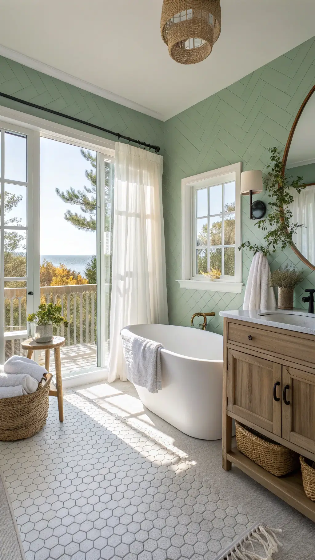 Sunlit coastal bathroom with an oval soaking tub, seafoam green accent wall, weathered oak vanity, rattan mirror, and hexagonal floor tiles, embellished with Turkish towels and seagrass baskets.