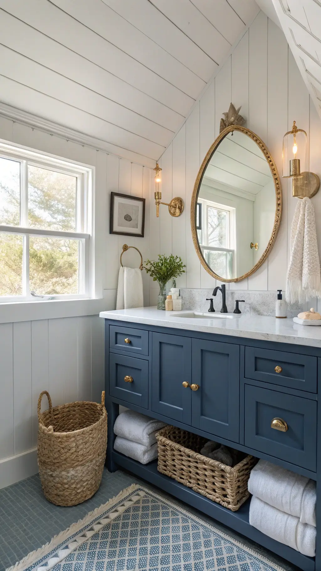Crisp dawn light in a coastal bathroom featuring a navy vanity with marble top, white shiplap walls, blue penny tile flooring, and a rope-wrapped mirror, styled with sea glass and woven baskets