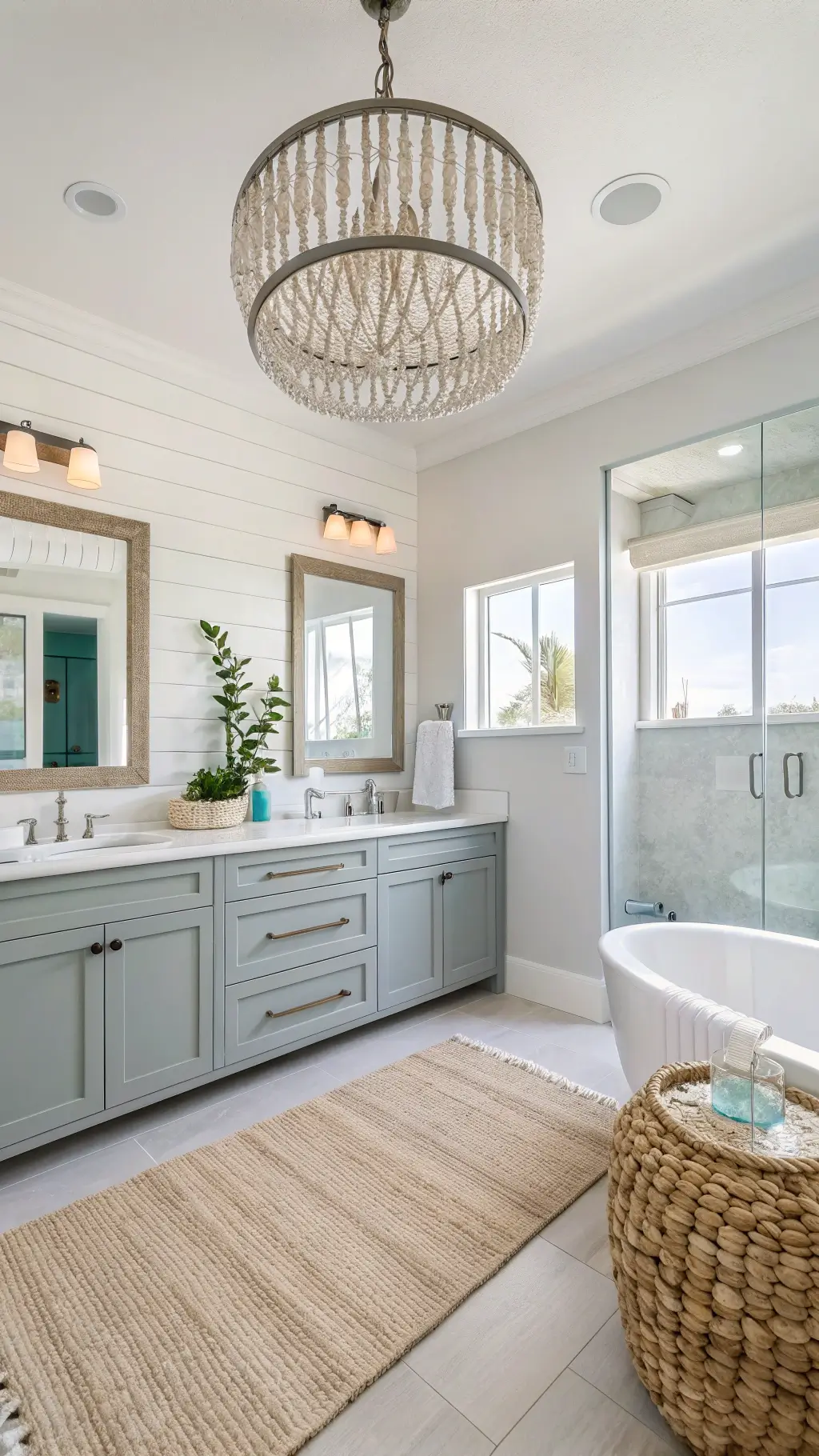 Modern coastal bathroom with double vanity, chandelier, oversized mirror, and textured glass shower doors, decorated in soft whites, sandy beiges, and pale aqua accents