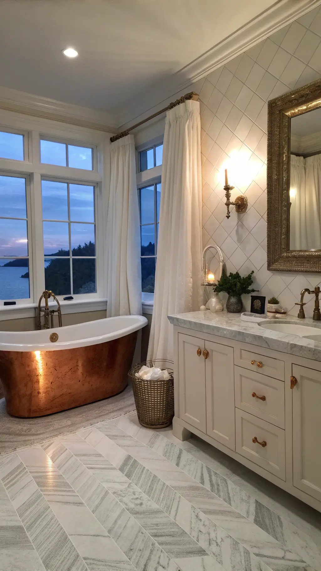 Luxurious master bathroom at dusk featuring a standalone copper tub, double vanity in weathered white, herringbone marble floor, and coastal accents like coral sculptures and a mother of pearl inlay mirror