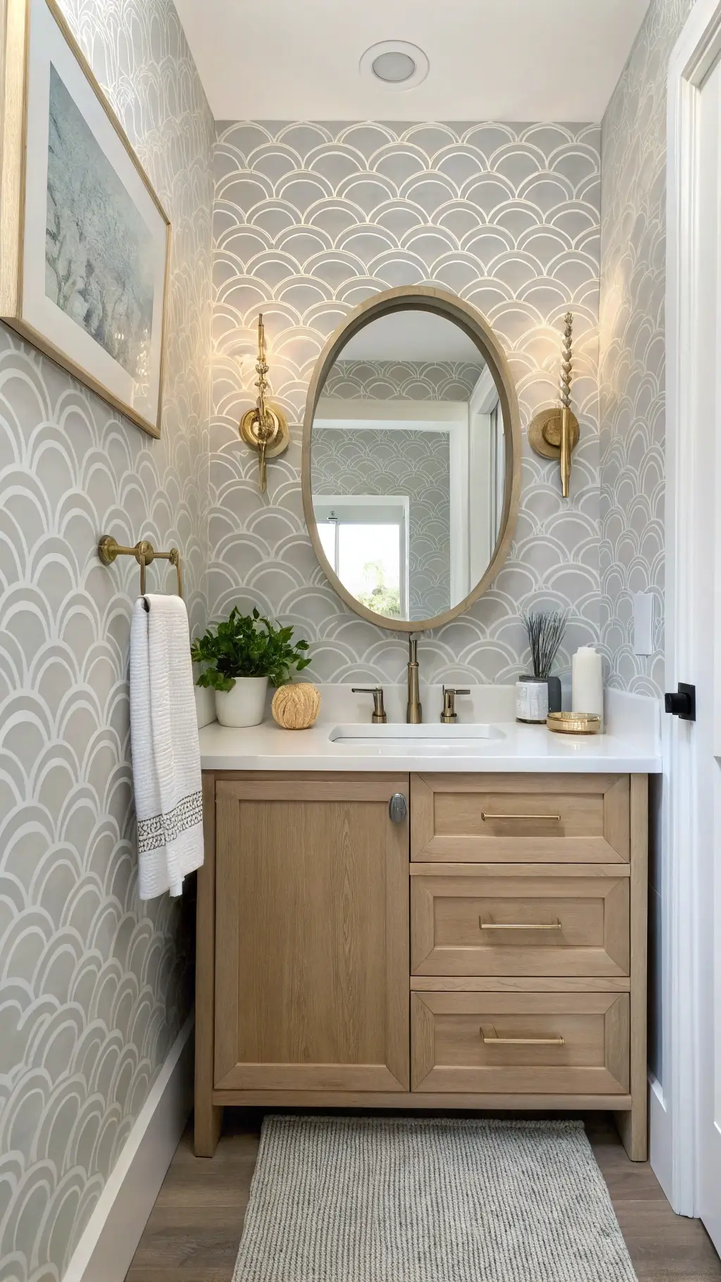 Compact coastal powder room with silver wave-patterned wallpaper and bleached oak vanity, styled with sea-inspired accents in bright morning light.