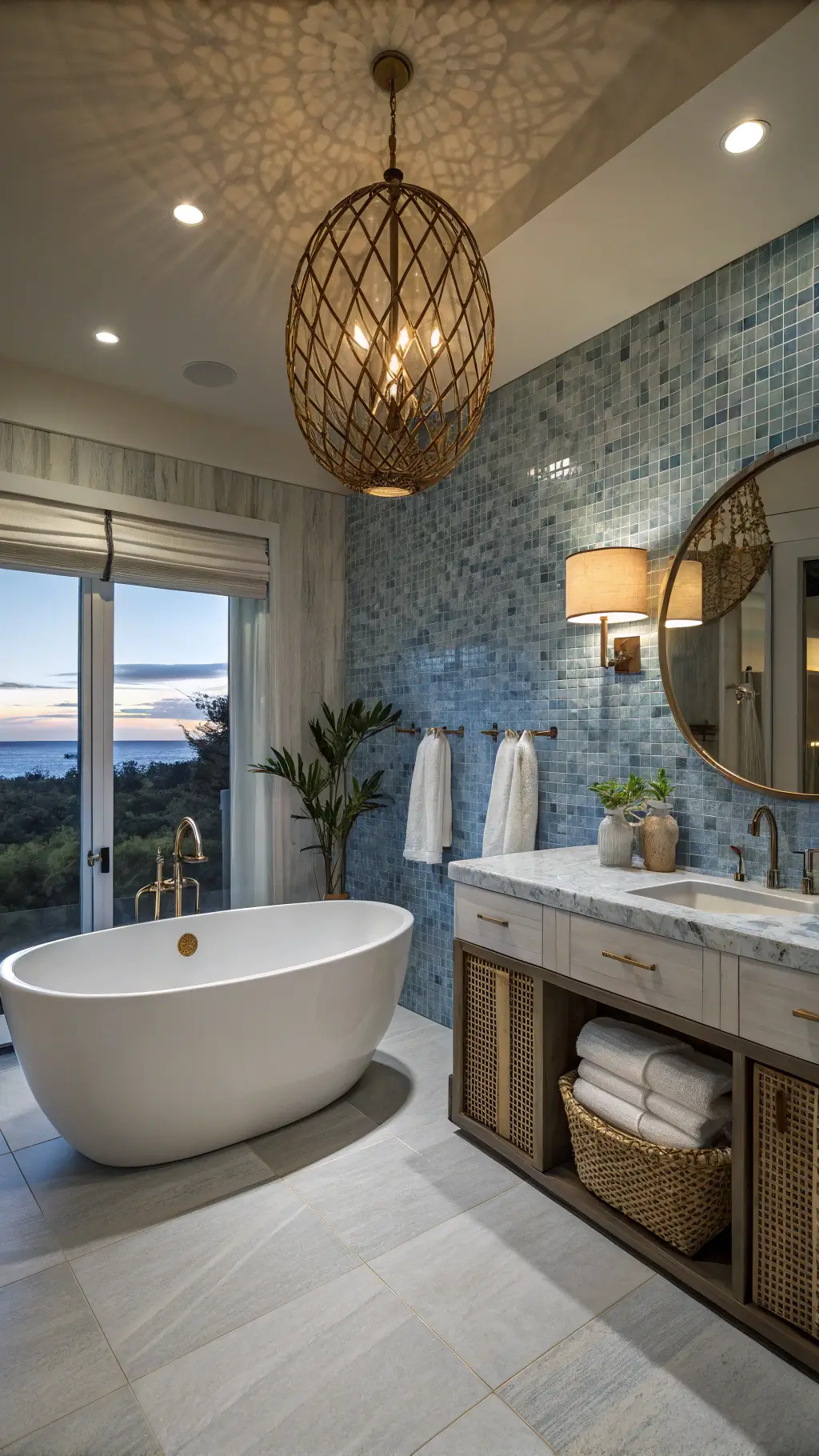Tranquil and luxurious coastal bathroom at twilight featuring a freestanding tub against a blue mosaic tile wall, white oak vanity with marble top, brass hardware and adorned with glass apothecary jars, rolled bamboo towels, and driftwood art.