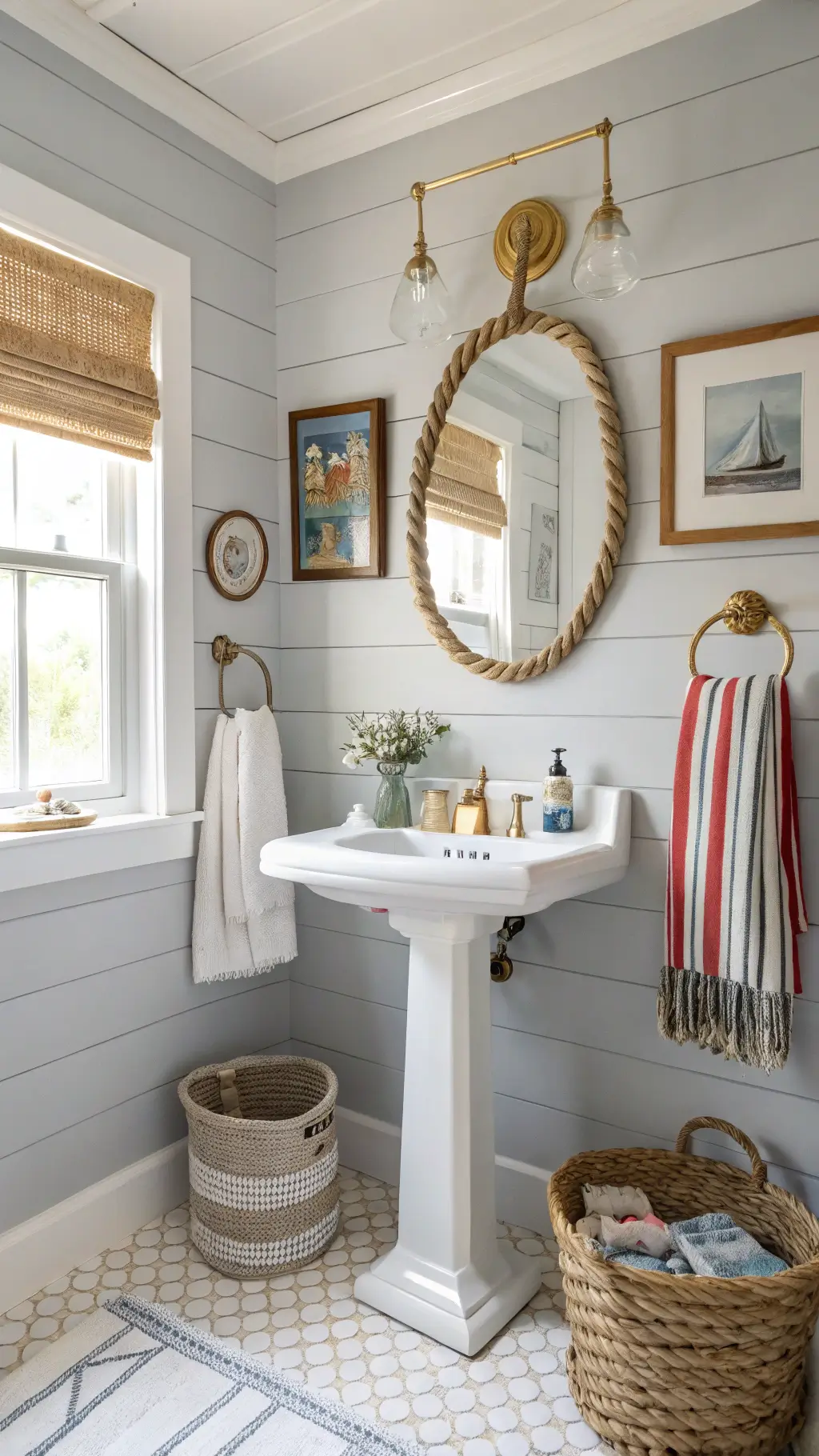 Chic beach-themed guest bathroom with gray shiplap walls, a white penny tile floor, vintage pedestal sink with brass fixtures, and coastal-inspired art above a rope-wrapped mirror. Accessories include a glass float collection and striped Turkish towels in a woven laundry basket.