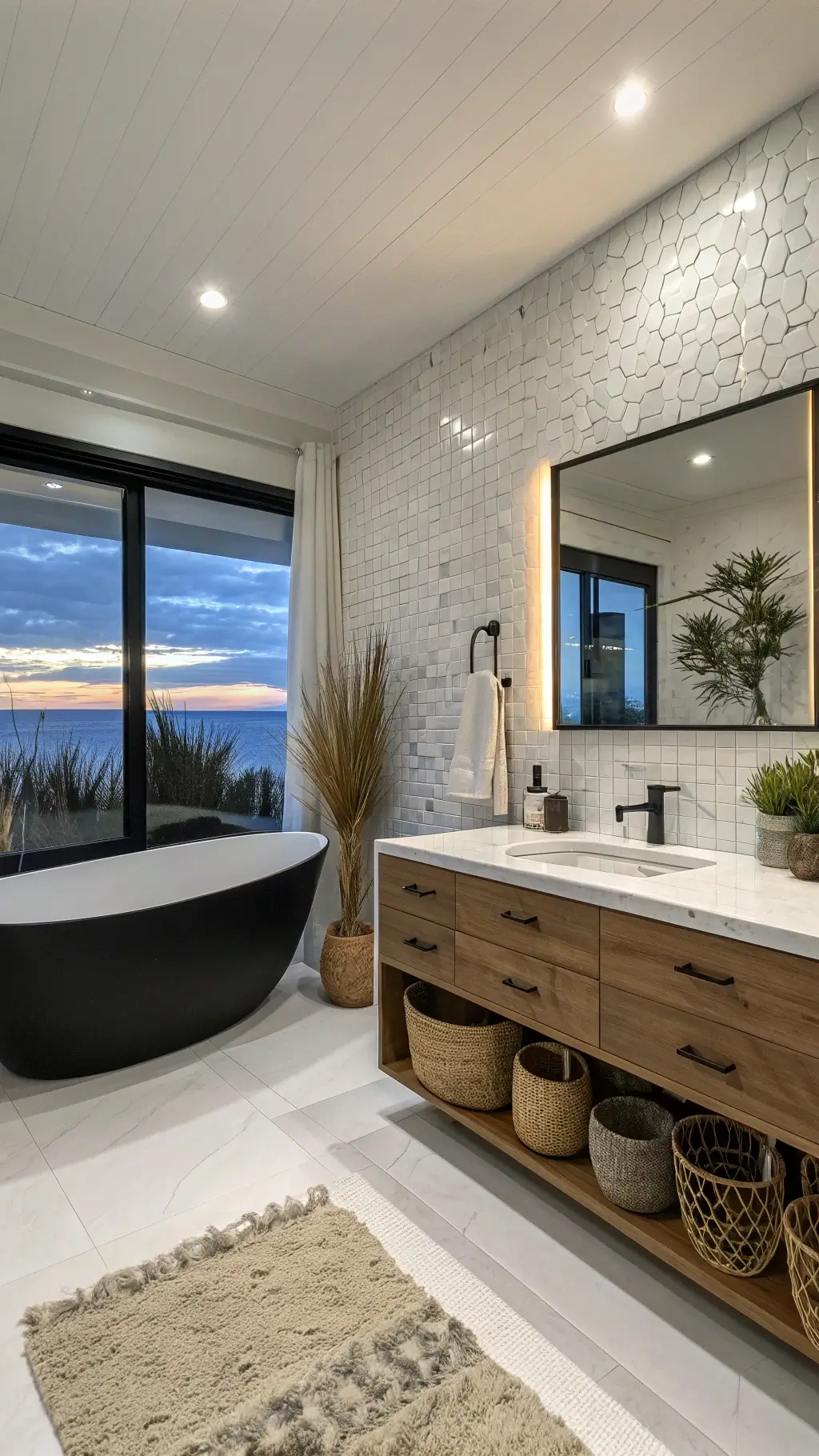 Modern coastal primary bathroom with matte black freestanding tub, custom cerused oak floating vanity, oversized black-framed mirror, and coastal accessories during blue hour.
