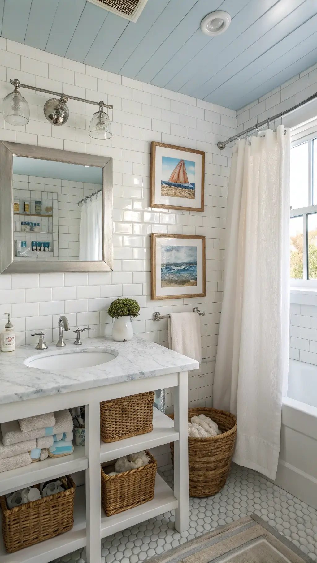 Breezy beach house bathroom featuring white subway tile walls, a vintage-style console sink, coastal-themed gallery wall, and natural fiber pendant light