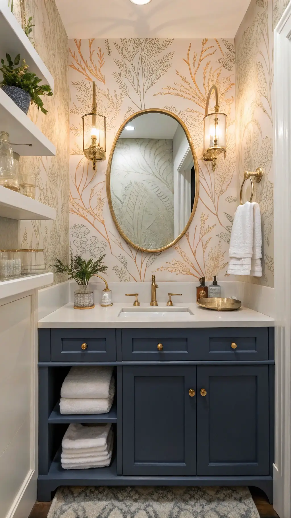 Luxurious coastal powder room with metallic coral wallpaper, navy floating vanity, marble top, brass fixtures, oval rope mirror, glass sconces, and elegantly styled shelving with coral specimens, vintage bottles and air plants under soft evening lighting.