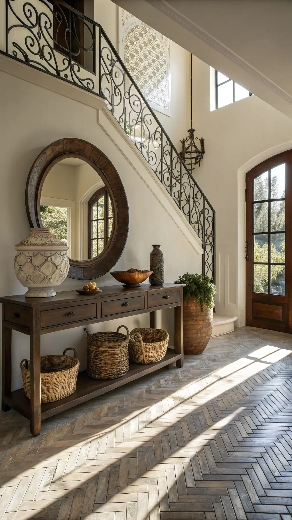 Global fusion entryway with herringbone tile flooring, curved staircase, elaborate iron window grille, and a console table displaying assorted travel collectibles. An oversized mirror, handwoven baskets, ceramic vessels and a vintage runner further enhance the warm, culturally rich ambiance.