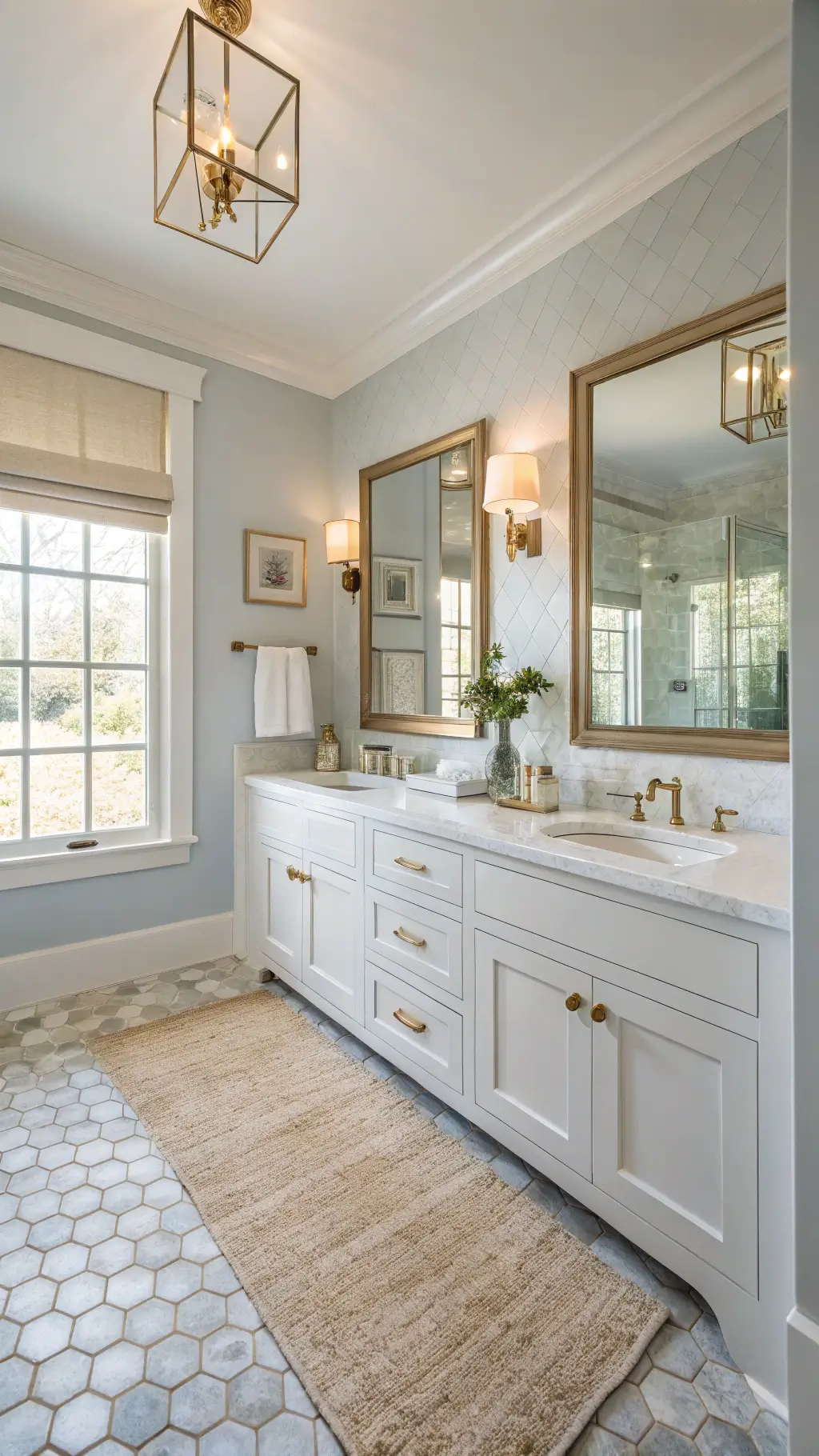 Sunlit primary bathroom with sea-glass blue walls, double vanity with brass sconces, white marble countertop, large mirror, and natural jute rug over hexagonal floor tiles
