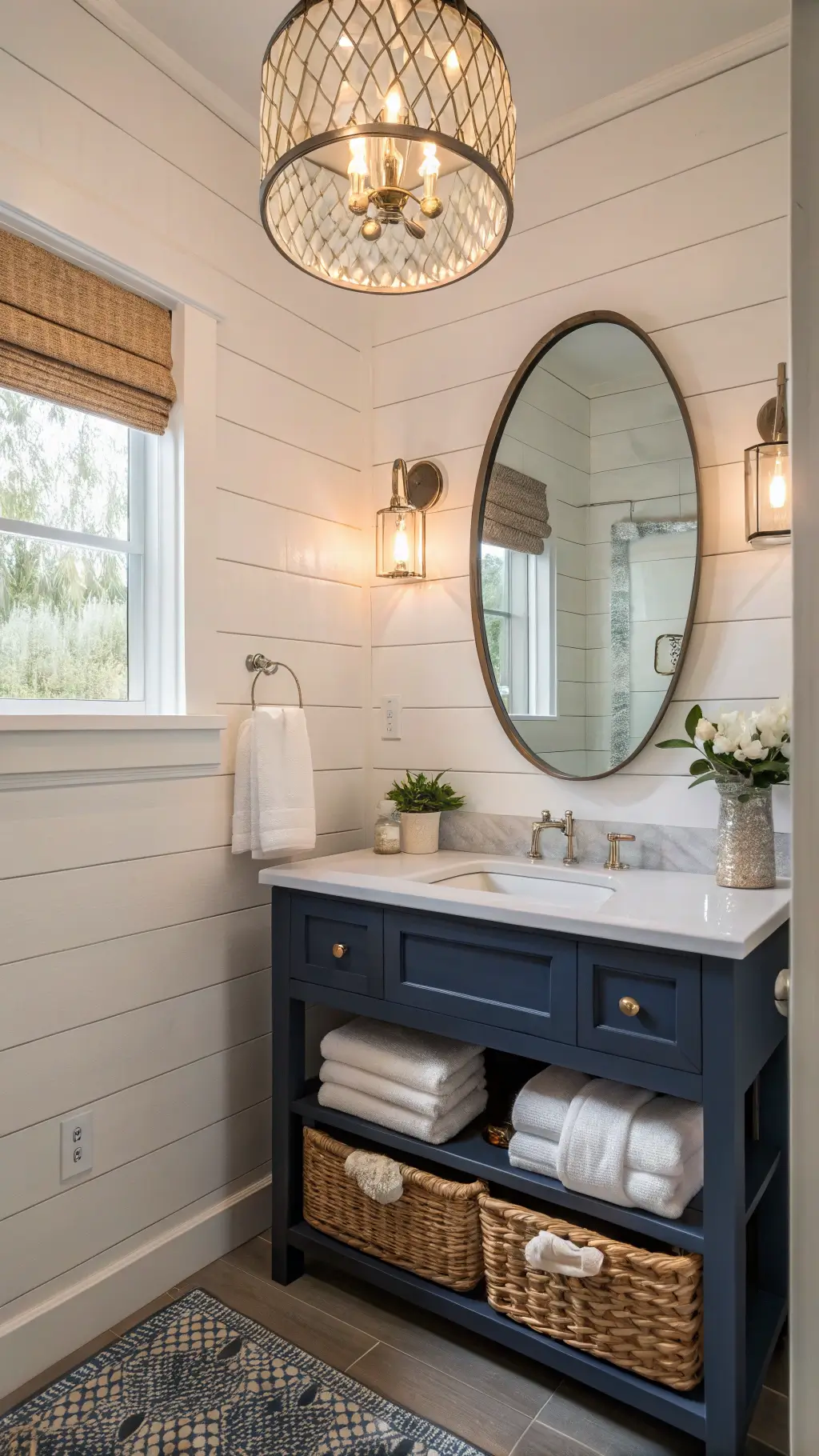 Coastal themed guest bathroom at twilight with soft white shiplap walls, deep navy vanity cabinet, aged nickel light bar, woven seagrass basket with white towels and capiz shell pendant light casting crystalline patterns.