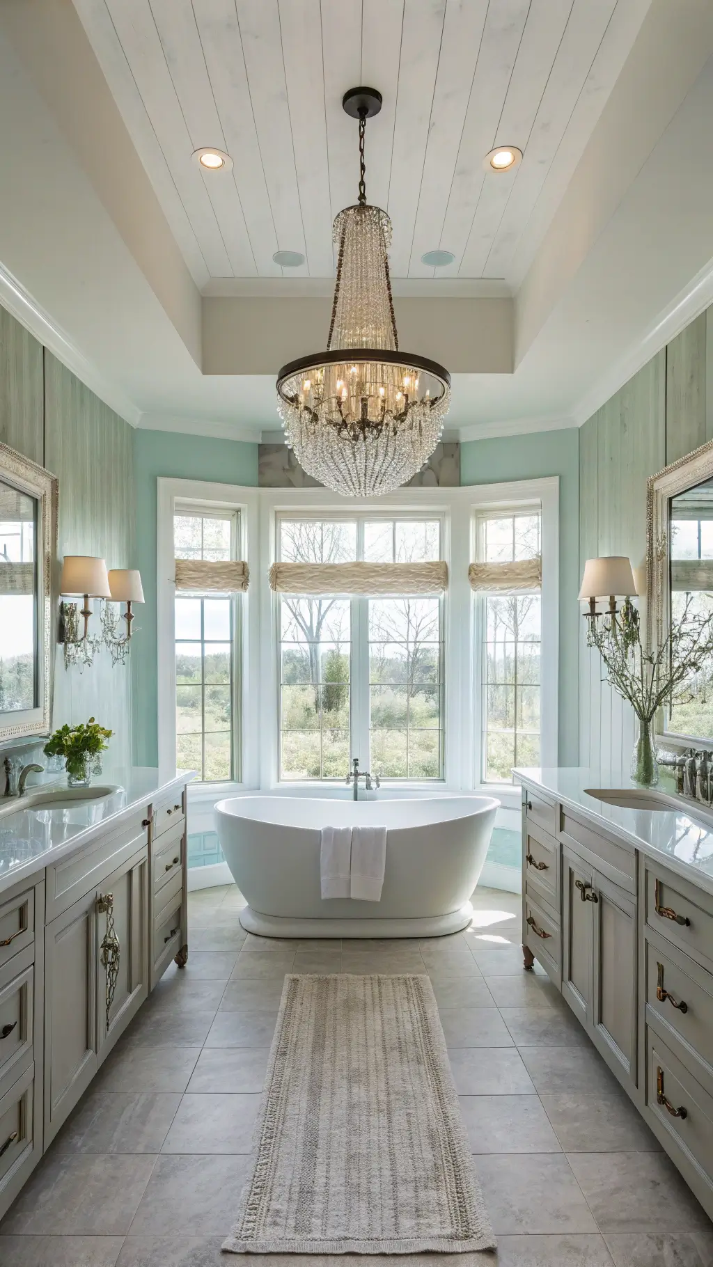 Spacious primary bathroom with statement chandelier, dual vanities, and freestanding tub lit by mid-morning natural light