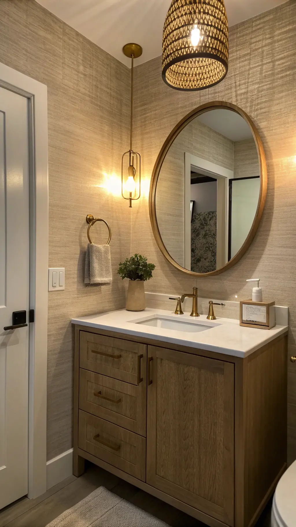 Moody dusk shot of a 6x8ft corner powder room featuring textured grasscloth wallpaper, a floating oak vanity with a white quartz top, and a rattan mirror lit by a brass swing-arm sconce.
