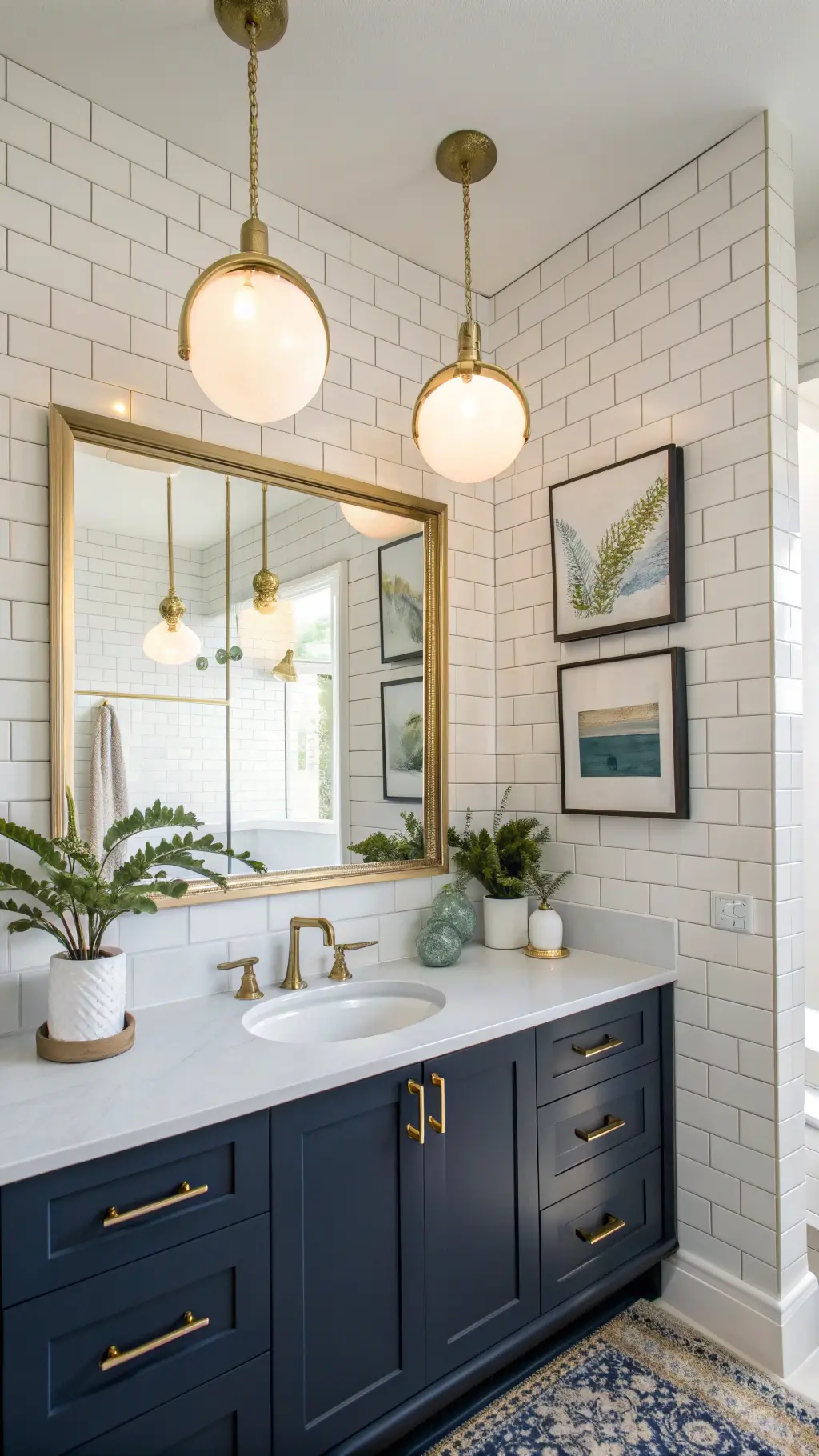 Mid-day shot of a modern 10x12ft guest bathroom featuring three globe pendants, a frameless mirror, white subway tile backsplash, matte navy vanity, coastal artwork, and air plants, with natural and artificial light.