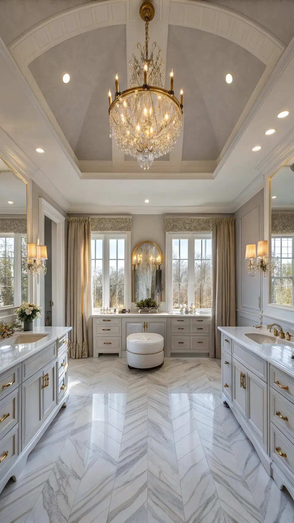 Luxurious primary bath under sunrise glow, featuring a crystal chandelier, twin antiqued brass washing stations, marble herringbone flooring, pale gray and white colors, and floor-to-ceiling windows with sheer drapes