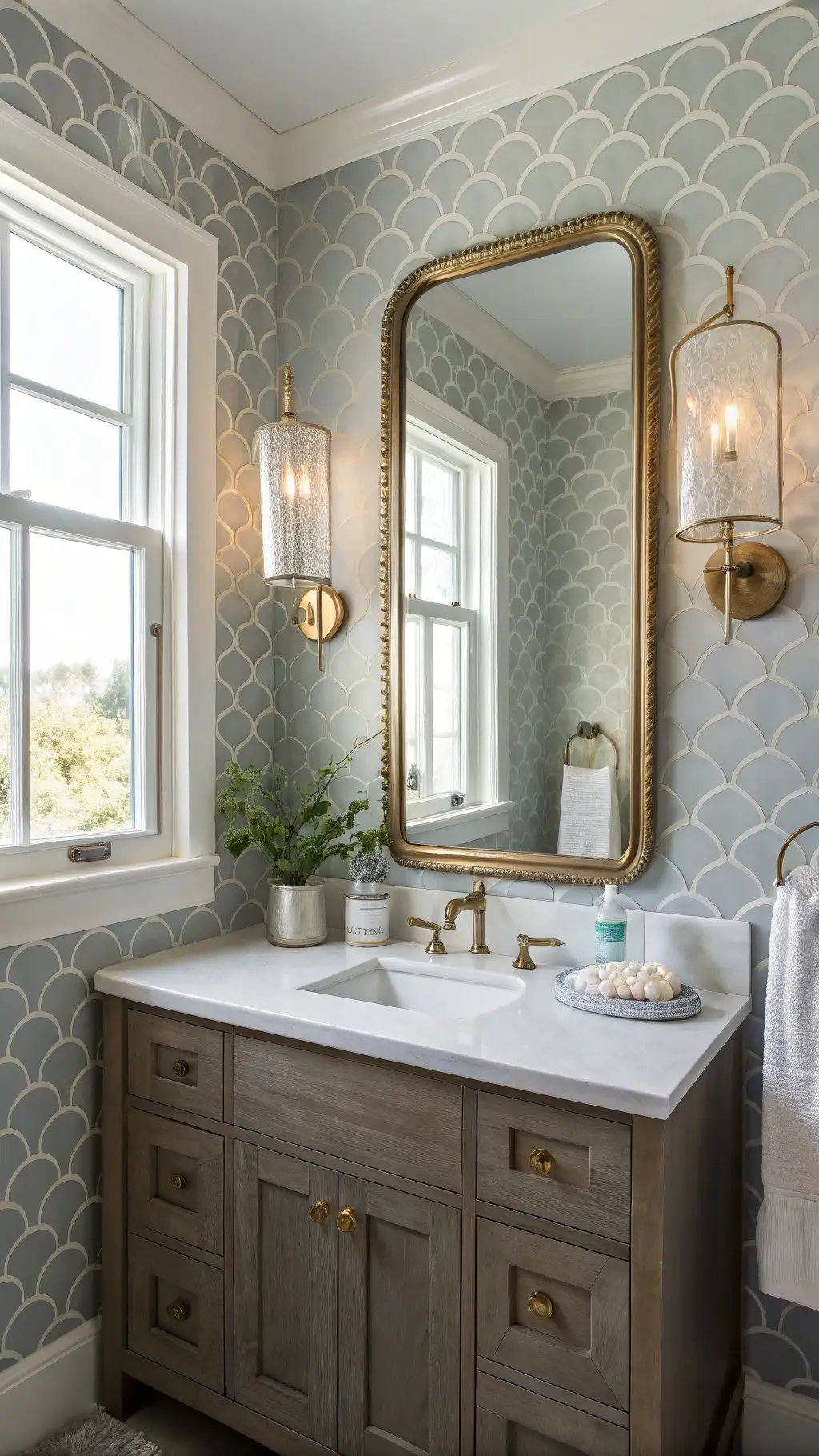Compact powder room with glass bubble sconce, vintage mirror, floating driftwood gray vanity, silver wave-patterned wallpaper, and mother-of-pearl inlay tray with soaps, lit by natural afternoon light through a frosted window.