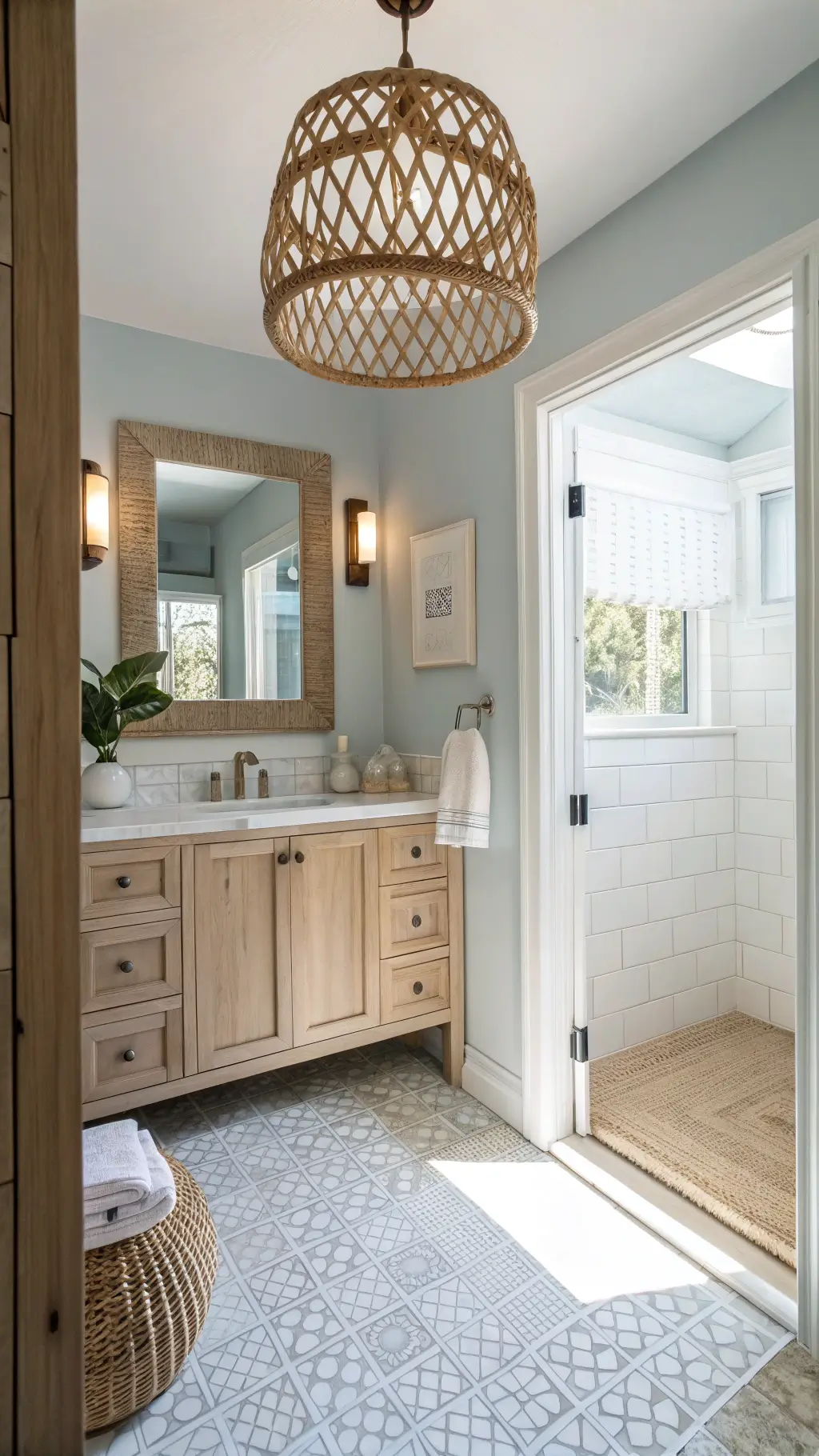 Bright and airy guest bathroom with white oak vanity, rattan pendant lighting, seeded glass sconces, pale blue-gray walls, white penny tile floor, and macramé wall decor.