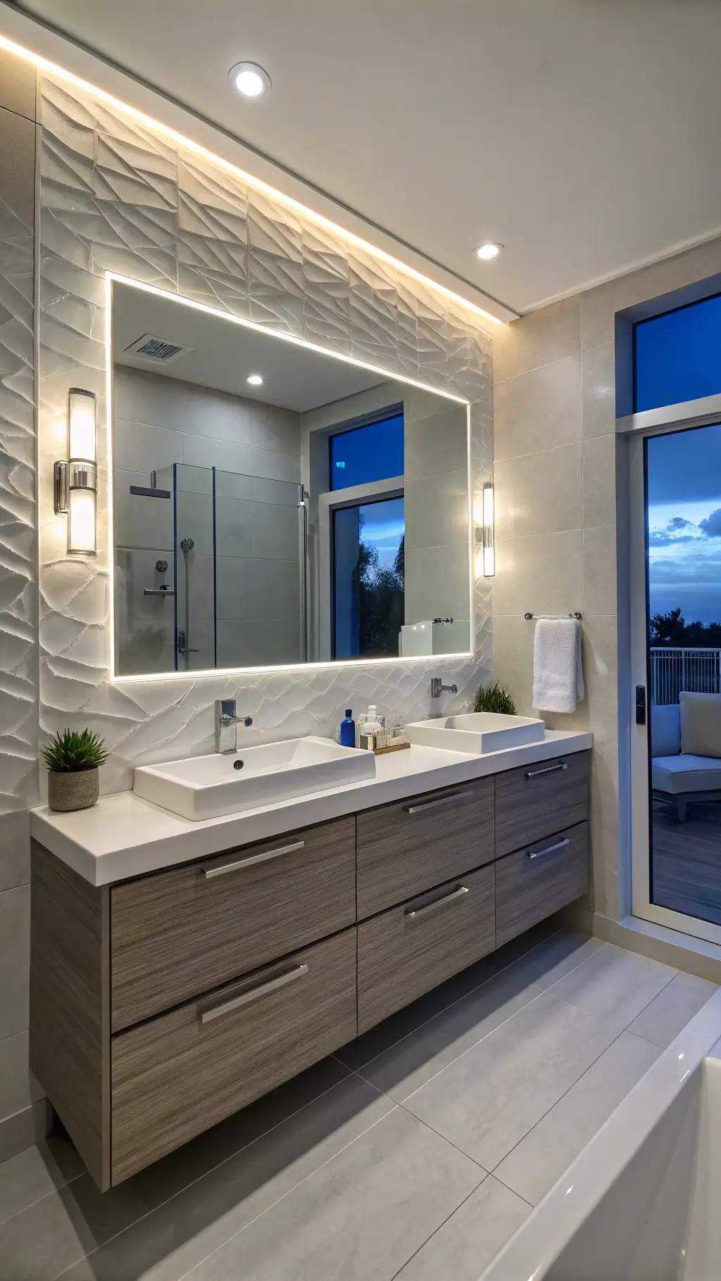 Contemporary bathroom with LED vanity light, backlit mirror, porcelain tiled walls, and chrome and glass accents during blue hour