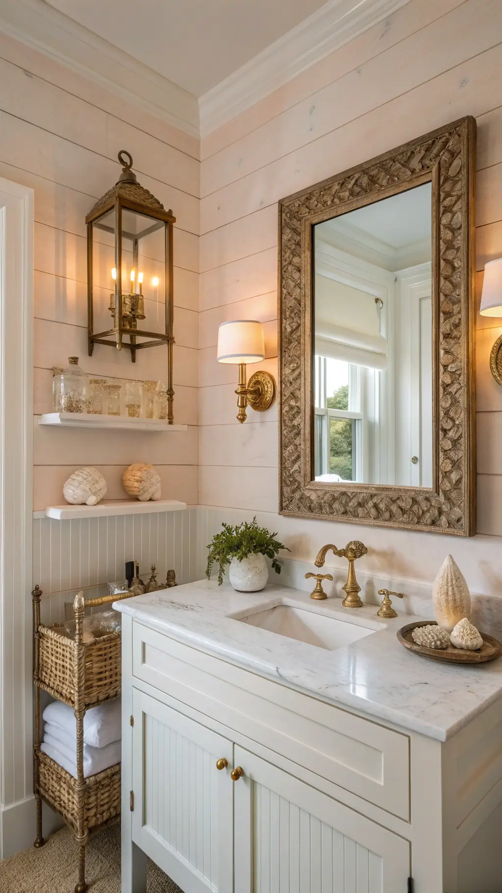Serene powder room bathed in golden hour light, featuring a large brass lantern-style sconce, carved wood mirror, soft white vanity with a marble top, pale blush grasscloth walls, and a shell collection on floating shelves.