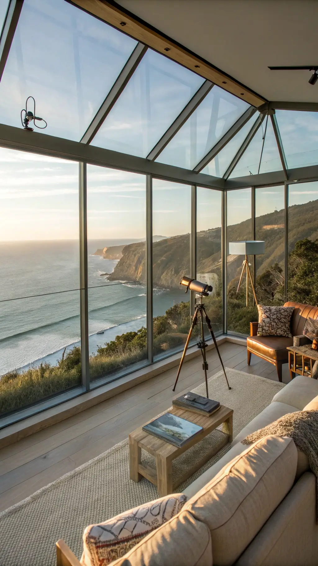 Modern, minimalist Pacific Coast Highway viewing lounge with glass walls, perched on a cliff edge, decorated in coastal sage colors with leather sectionals, driftwood accents, woven seagrass rugs and maritime maps, overlooking stunning ocean vista in golden hour sunlight.