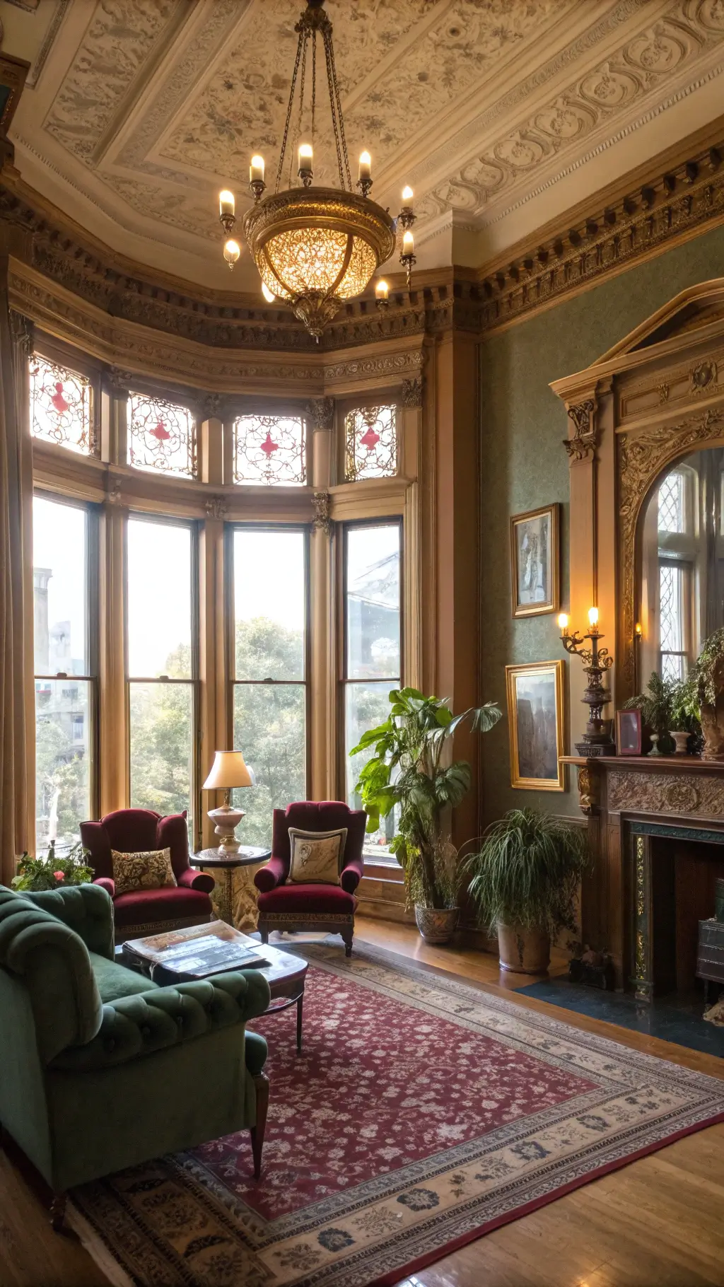 Grand Victorian living room in a restored 1890s San Francisco home, featuring high ceilings, bay windows, emerald velvet armchairs, burgundy rugs, gilded mirrors, brass lamps, and a potted fiddle leaf fig plant.