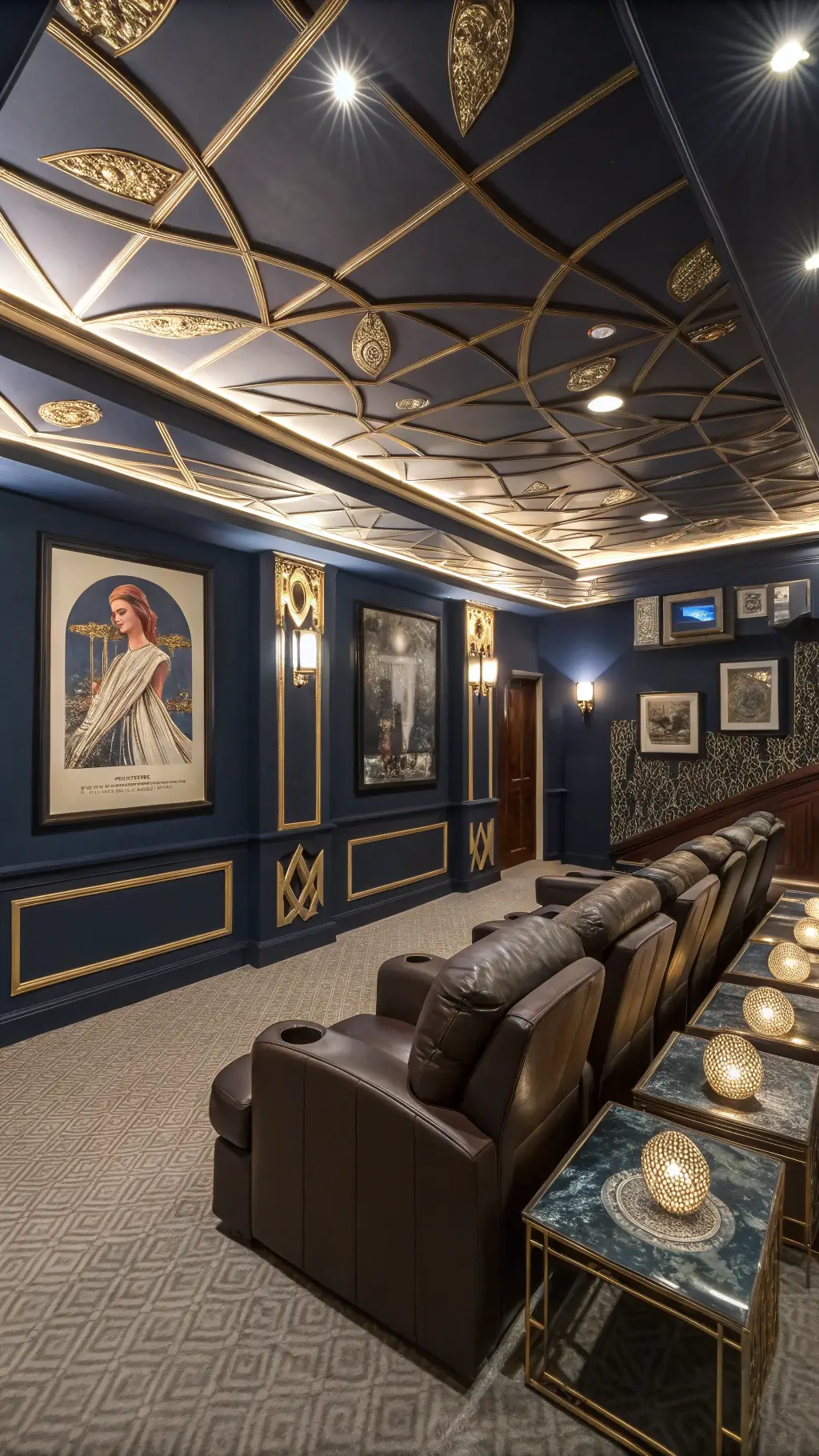 Hollywood Glamour Home Theater featuring art deco design, indigo-toned walls with gold accents, plush ivory carpet, leather movie recliners, vintage movie posters in backlit frames, and a champagne bar cart, viewed from back corner, highlighting its curved screen, tiered seating, and geometric ceiling medallions.