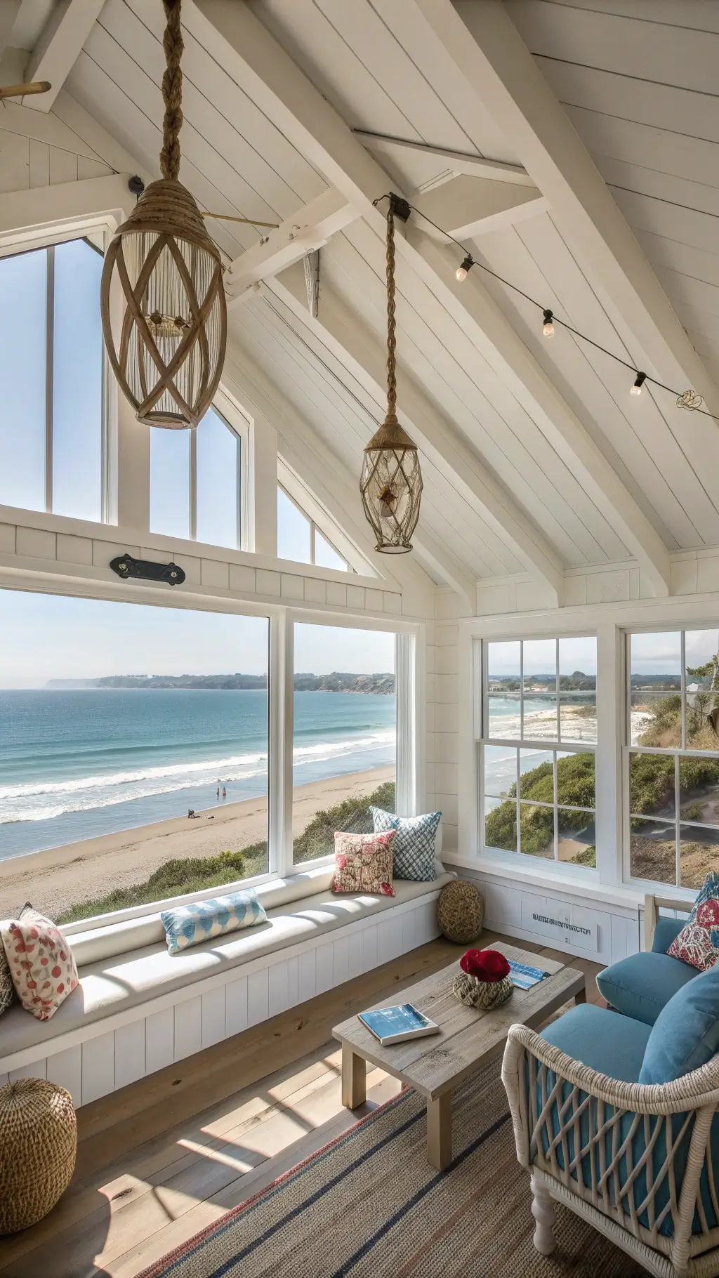 Den in a Santa Cruz beach house featuring casual furniture, exposed white-washed beams, panoramic ocean vistas, rope pendant lights, and nautical decor with shells and corals on floating shelves.
