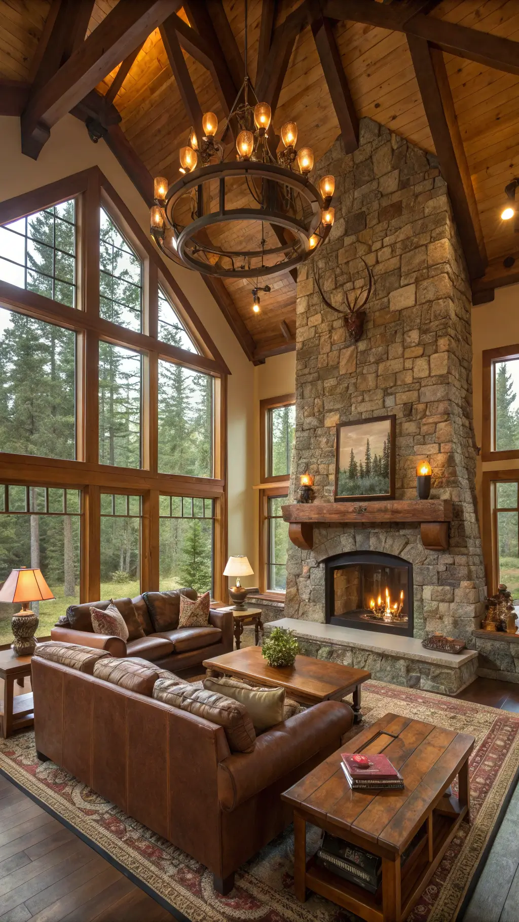 Yosemite-inspired Great Room with high ceilings, stone fireplace, timber frame construction, leather sectionals, wood coffee tables, antler chandeliers, and National Park posters, depicted in earth tones from a mezzanine view.